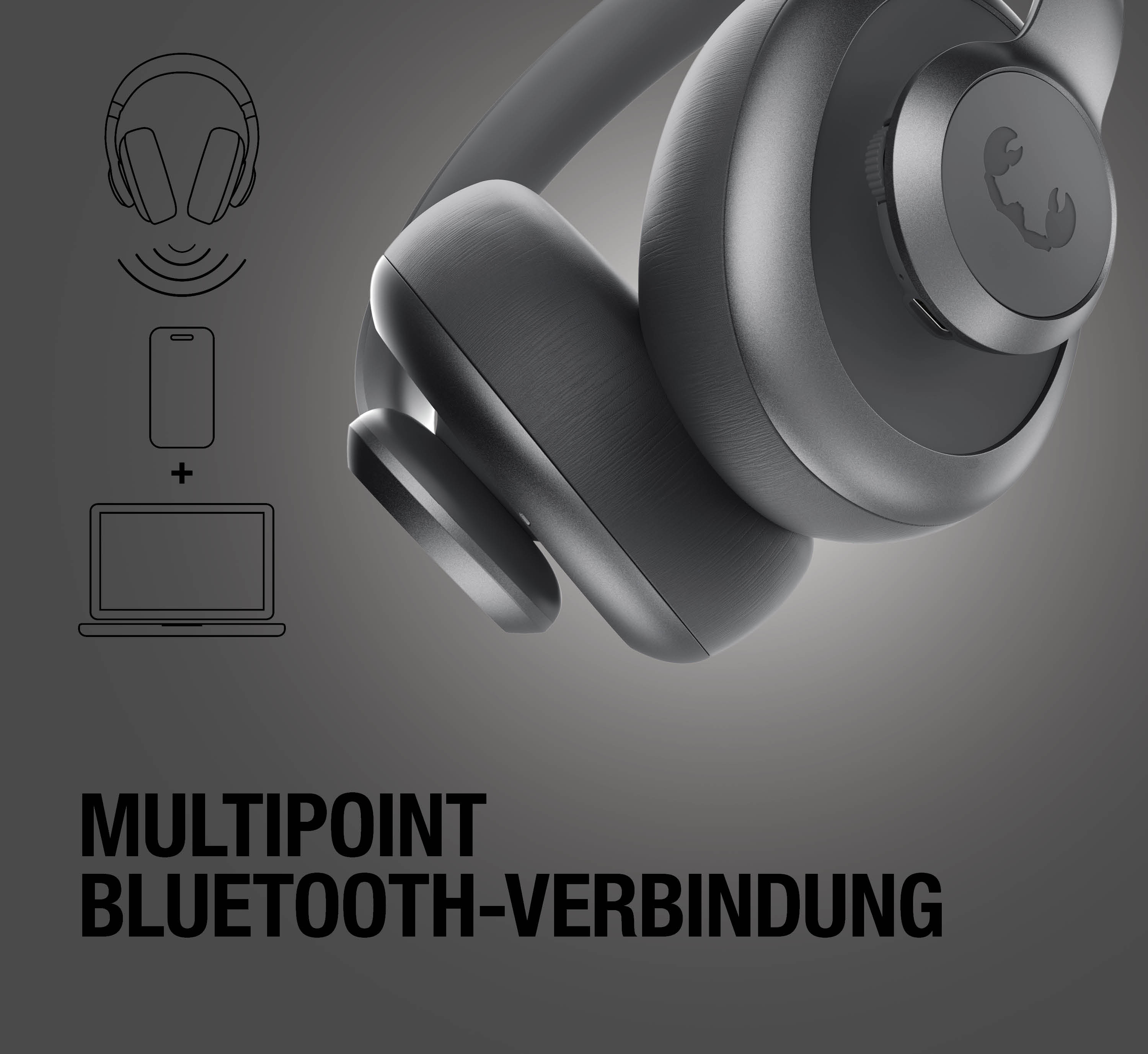 Schwarze Kopfhörer mit Multipoint-Bluetooth-Verbindung, Handy- und Laptop-Icons.