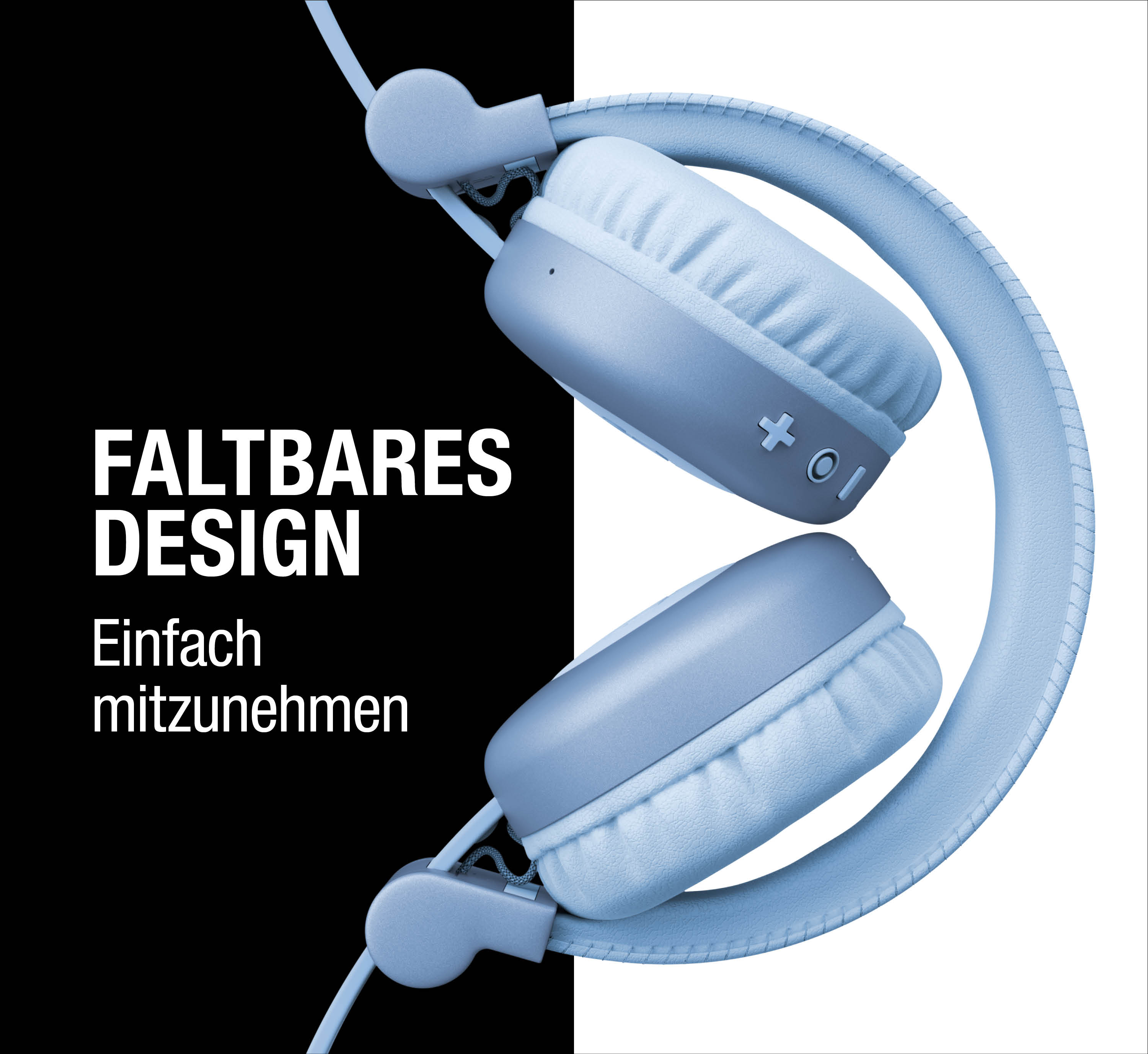 Blaue faltbare Kopfhörer mit Texteinblendung 'Faltbares Design. Einfach mitzunehmen.'