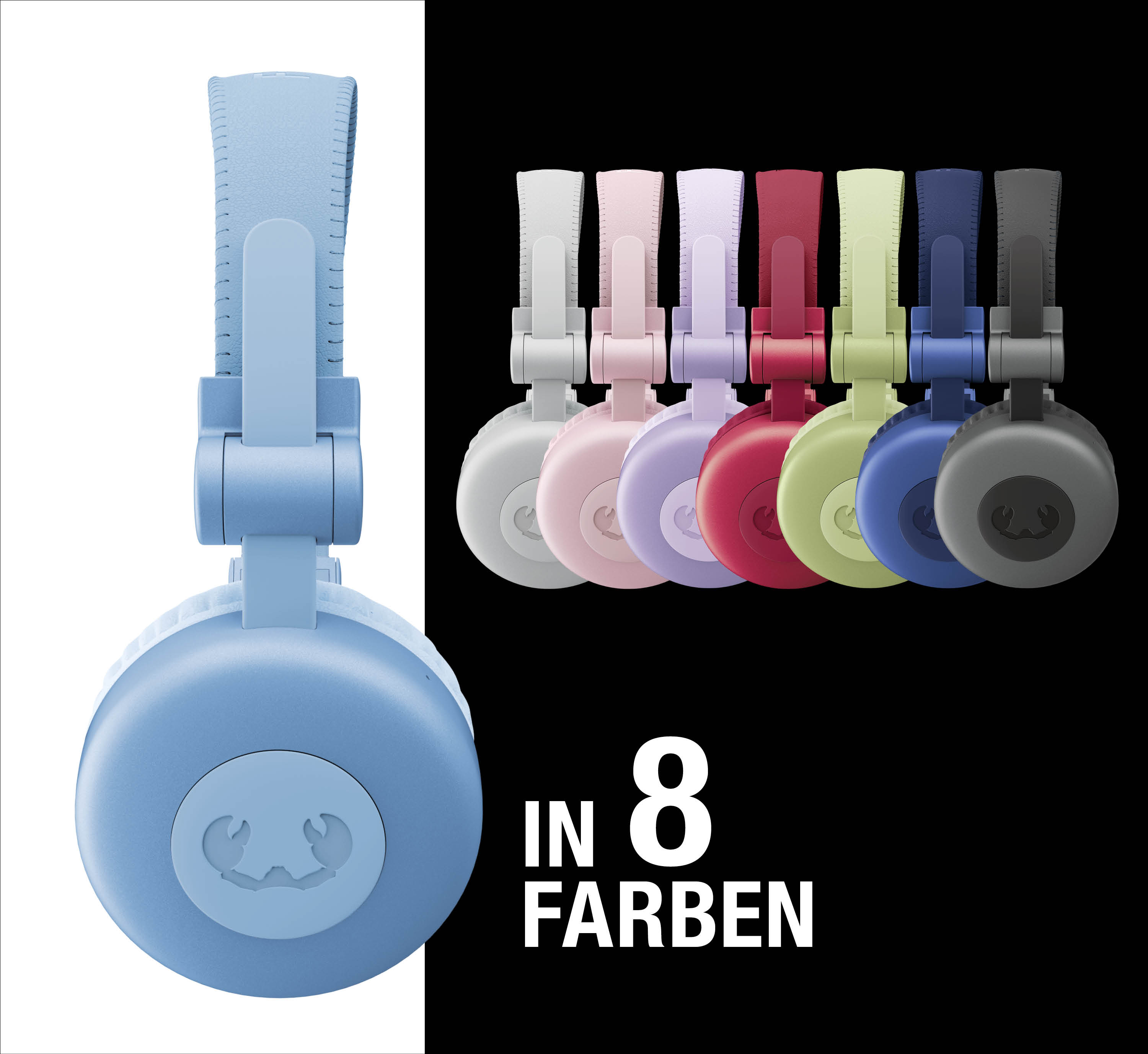Ein hellblauer Kopfhörer links, daneben acht farbige Kopfhörer.