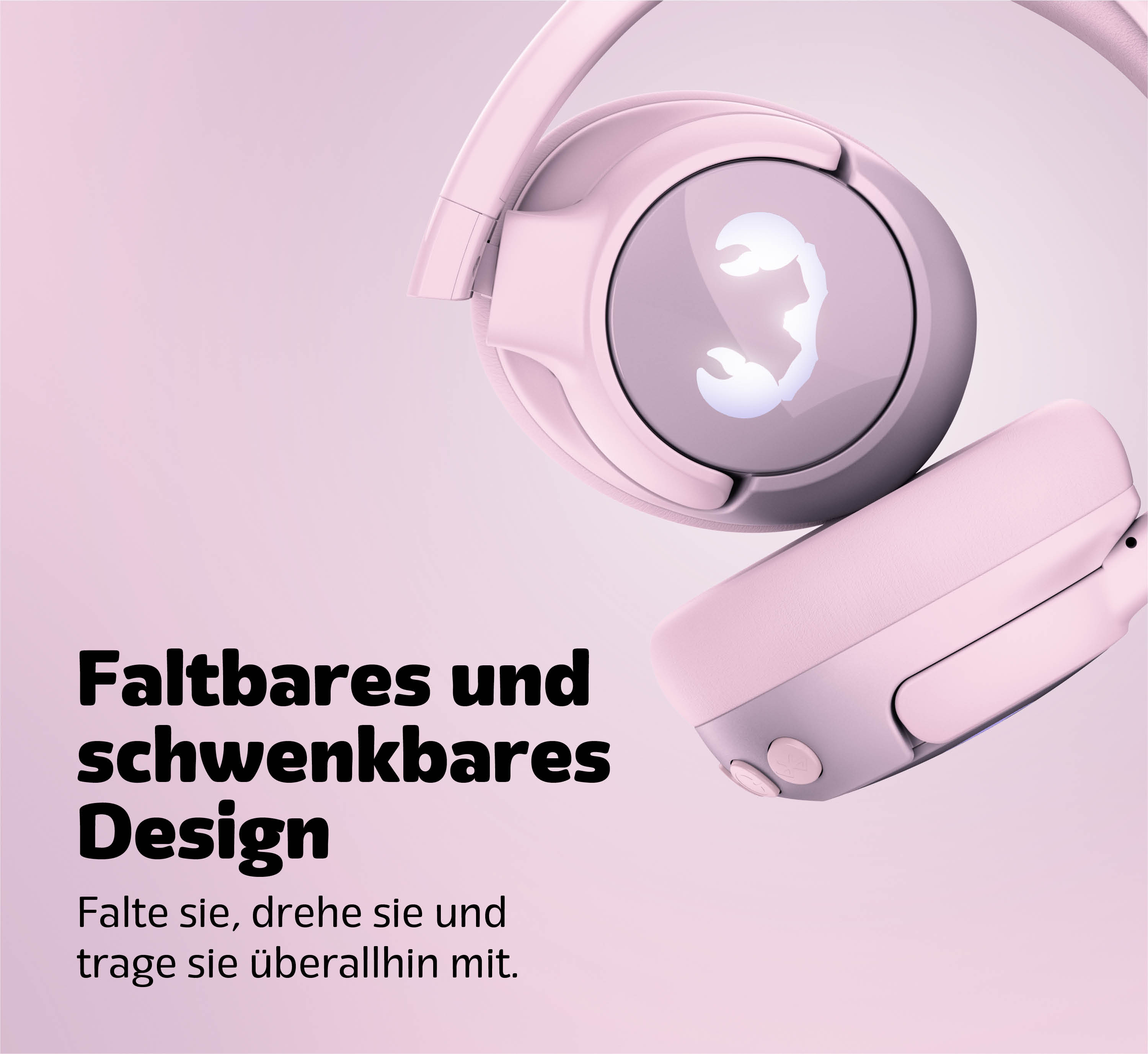 Ein pinkes Headset mit faltbarem Design und Skorpion-Logo.