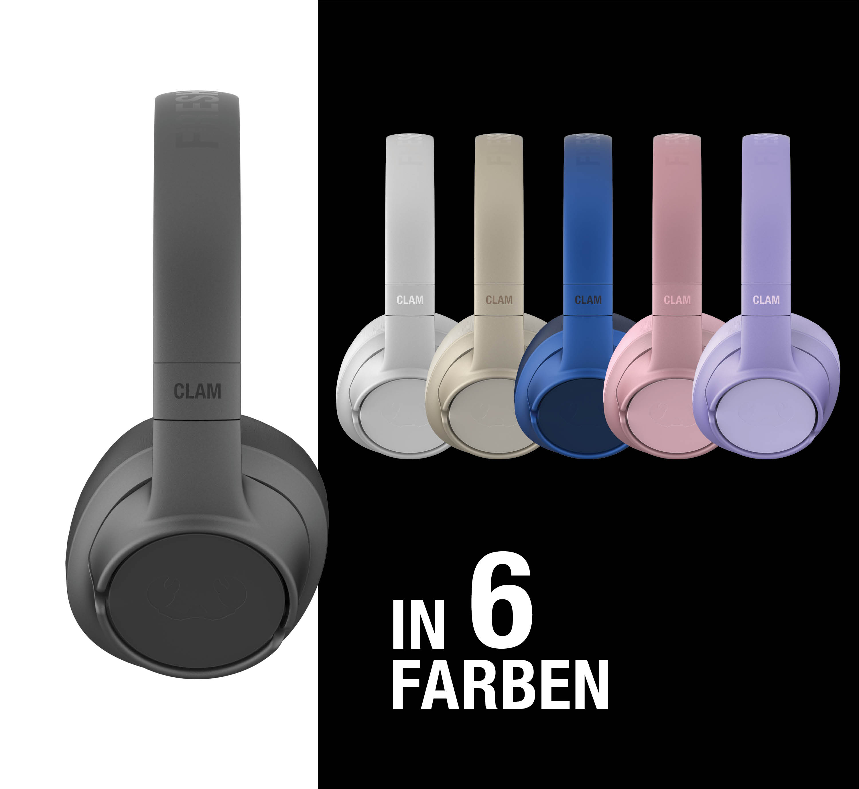 Ein grauer Kopfhörer links, daneben fünf weitere in Weiß, Beige, Blau, Rosa und Lila.