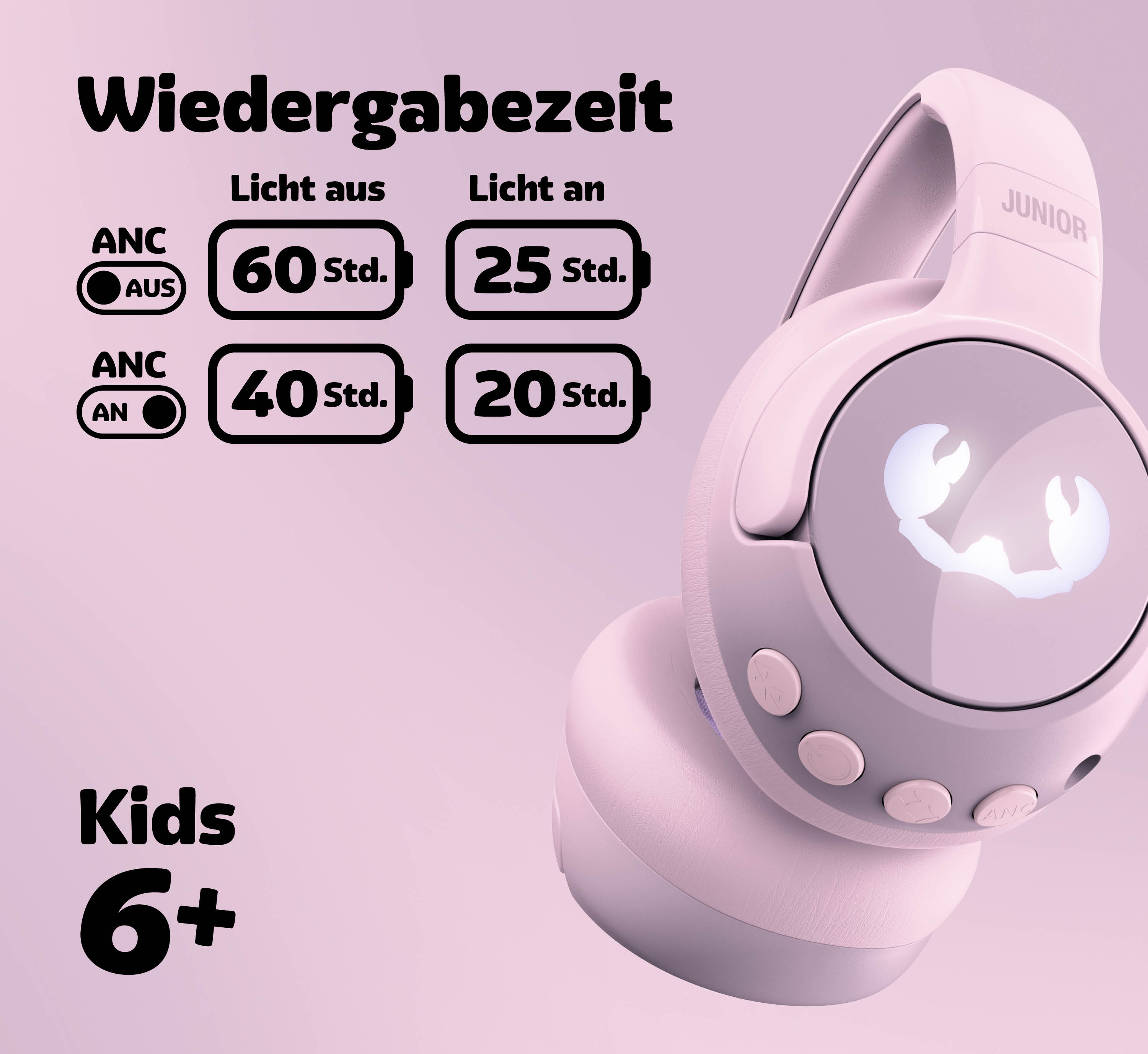 Rosa Kopfhörer mit Wiedergabezeit-Angaben für Kinder ab 6 Jahren.