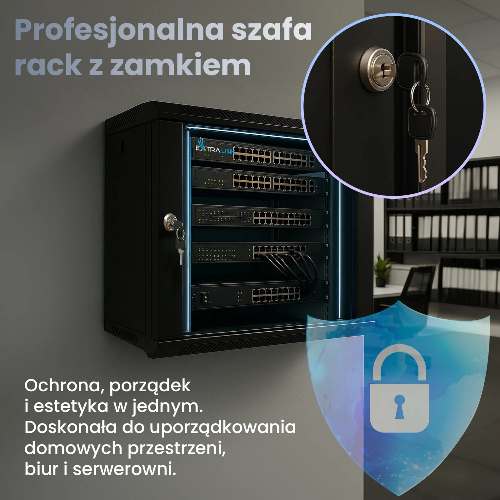 Czarna szafa rack z wyposażeniem sieciowym, kluczem i symbolem kłódki.