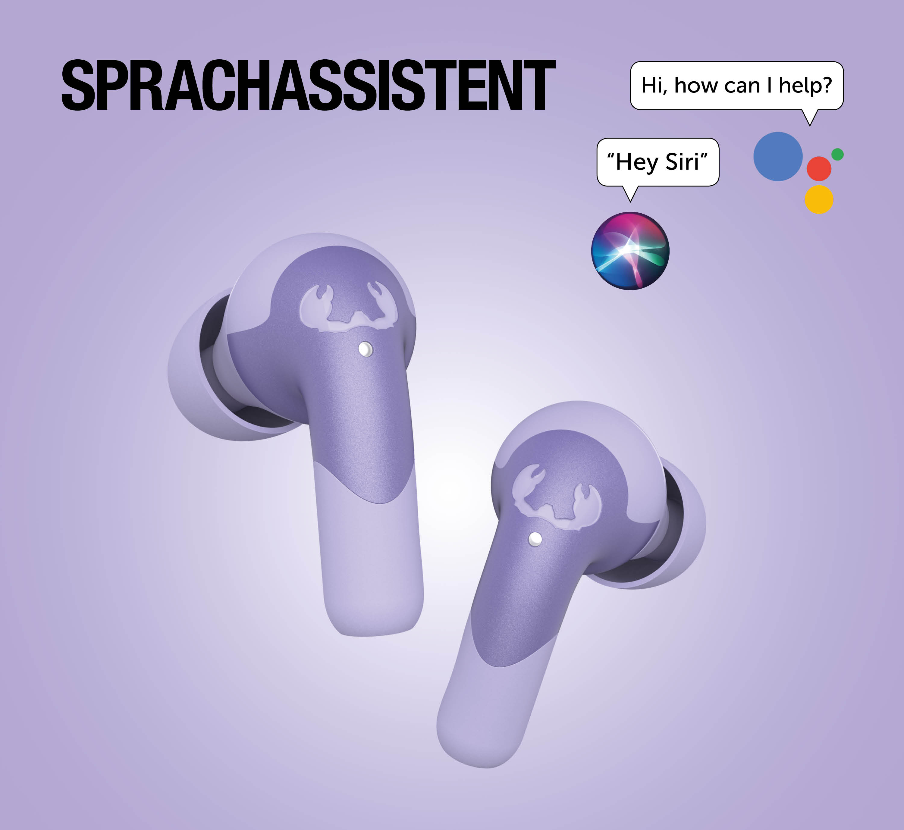 Lila Ohrhörer mit Krabbel-Logo, Siri- und Google-Assistent-Symbolen.