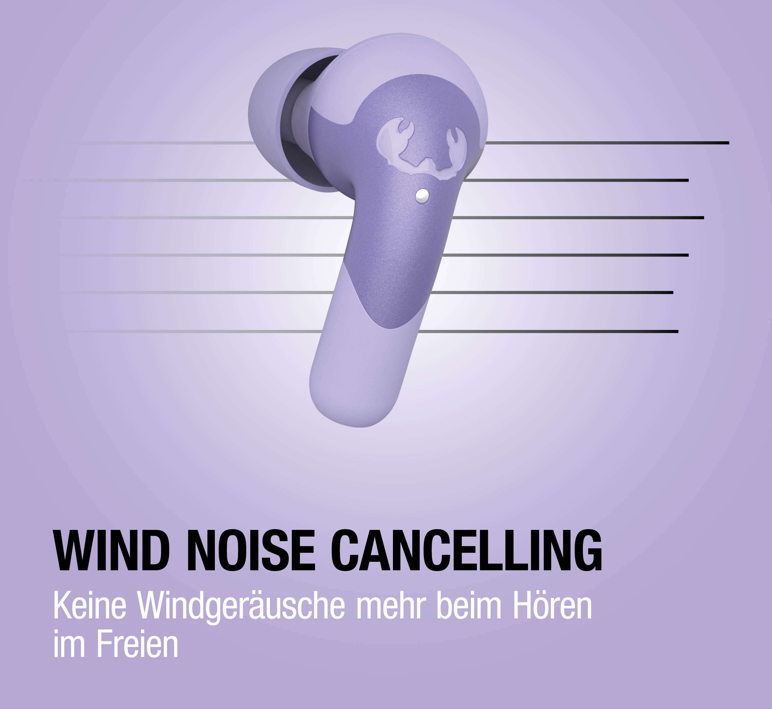 Ein lila Ohrhörer mit Windgeräuschunterdrückung und Linien.