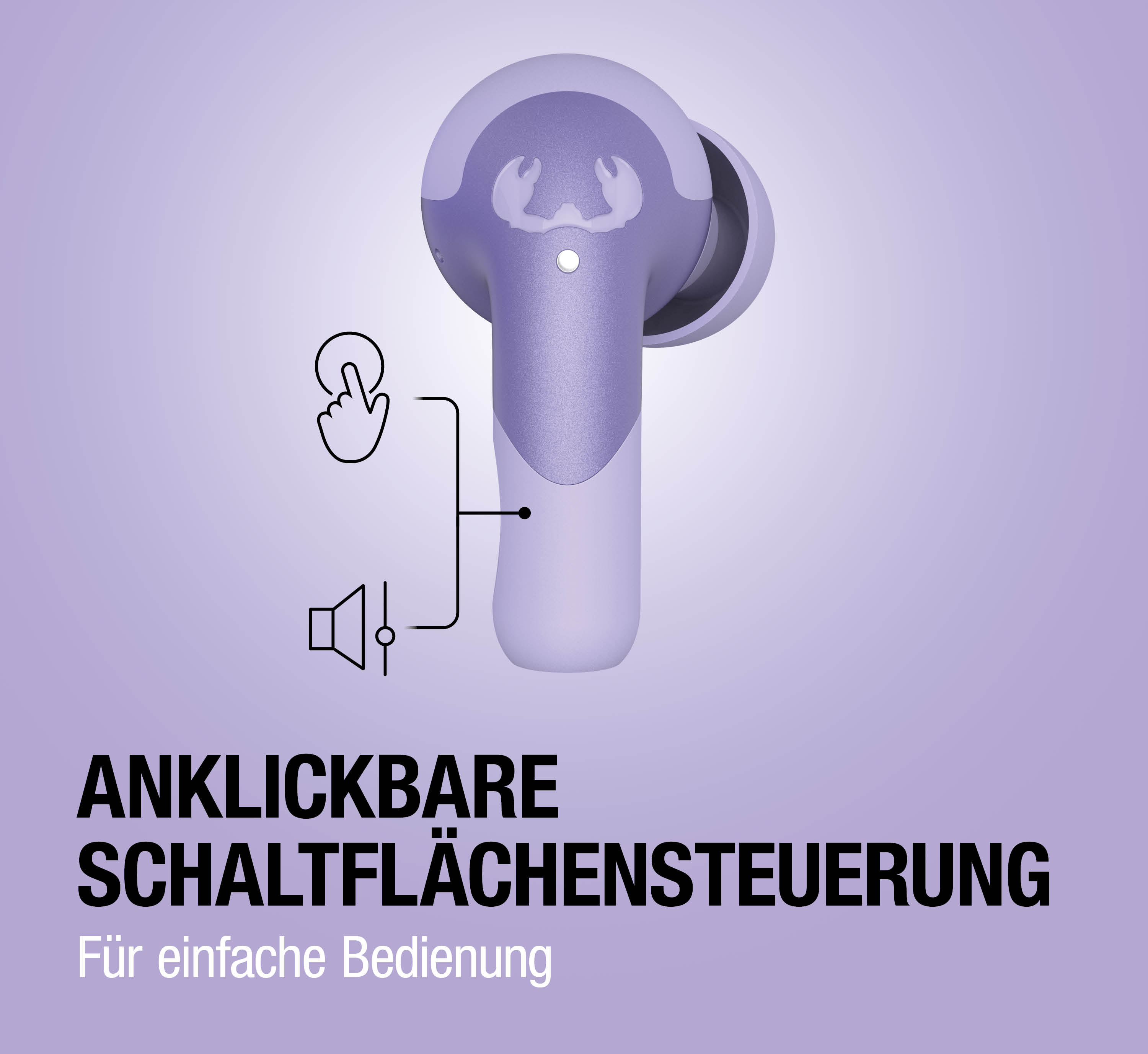 Lila Ohrhörer mit Touch-Steuerung und Lautsprechersymbol.