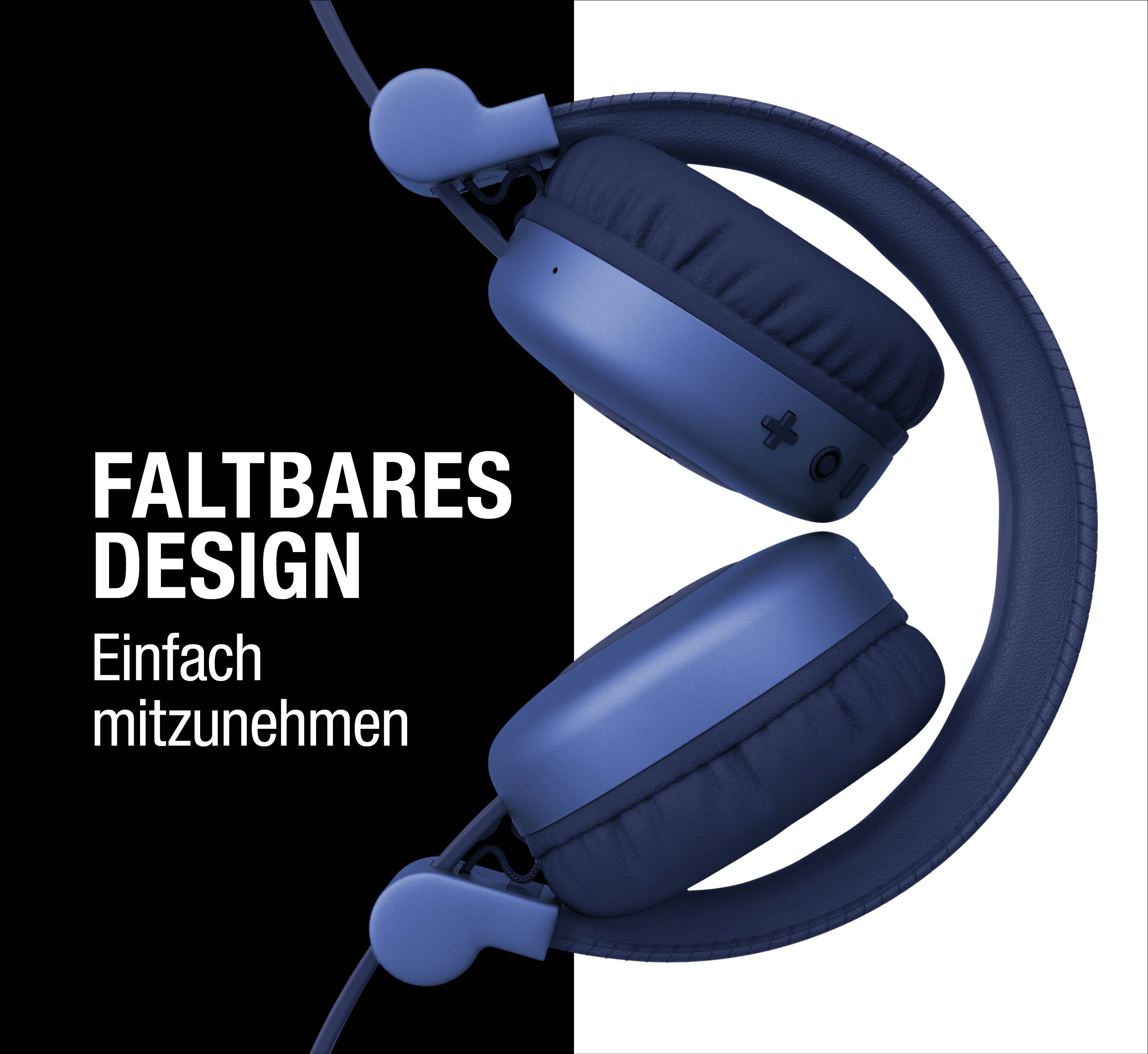 Blaue faltbare Kopfhörer mit schwarzen und weißen Hintergrund.