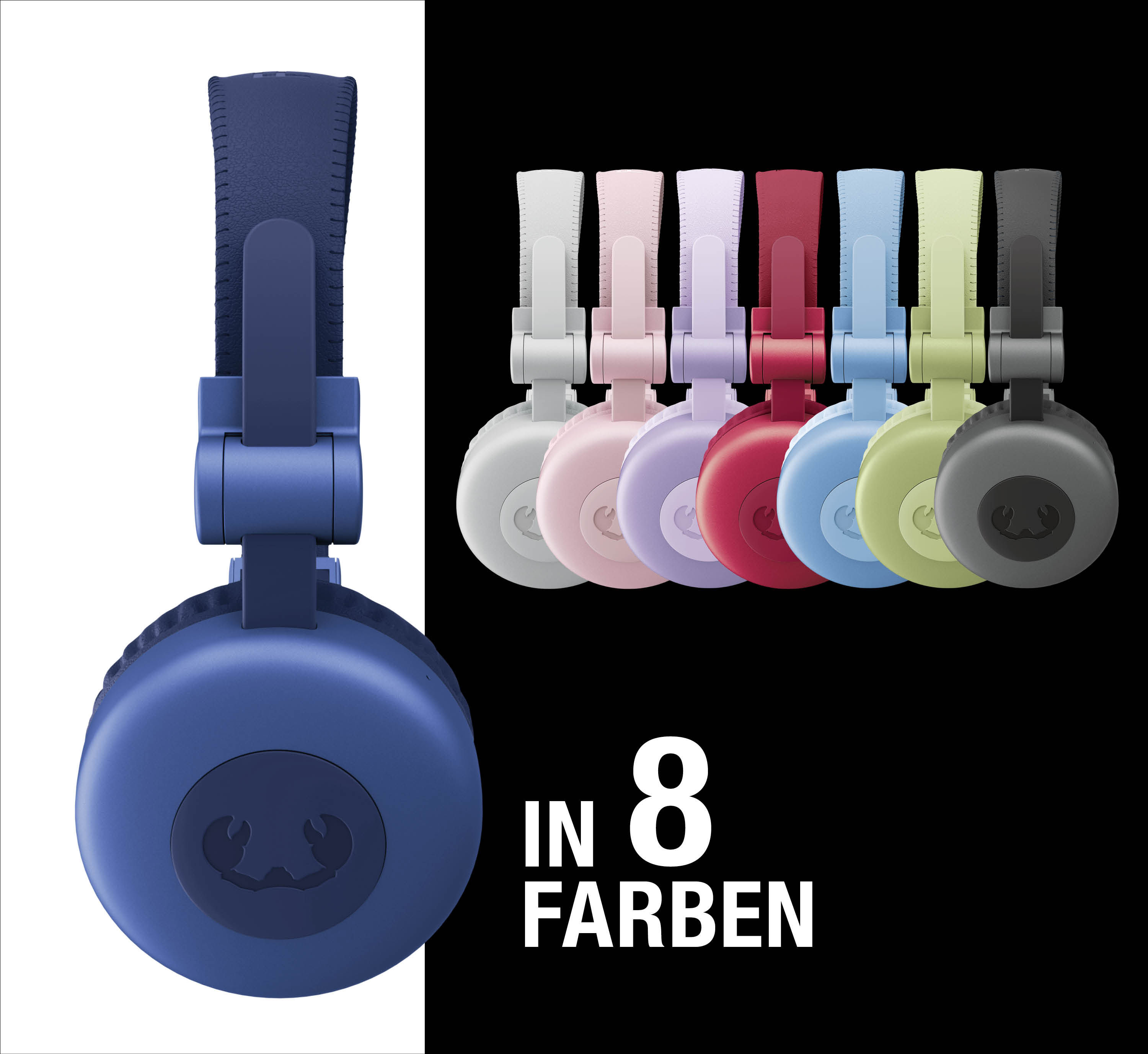 Ein blauer Kopfhörer links und sieben weitere in verschiedenen Farben rechts.
