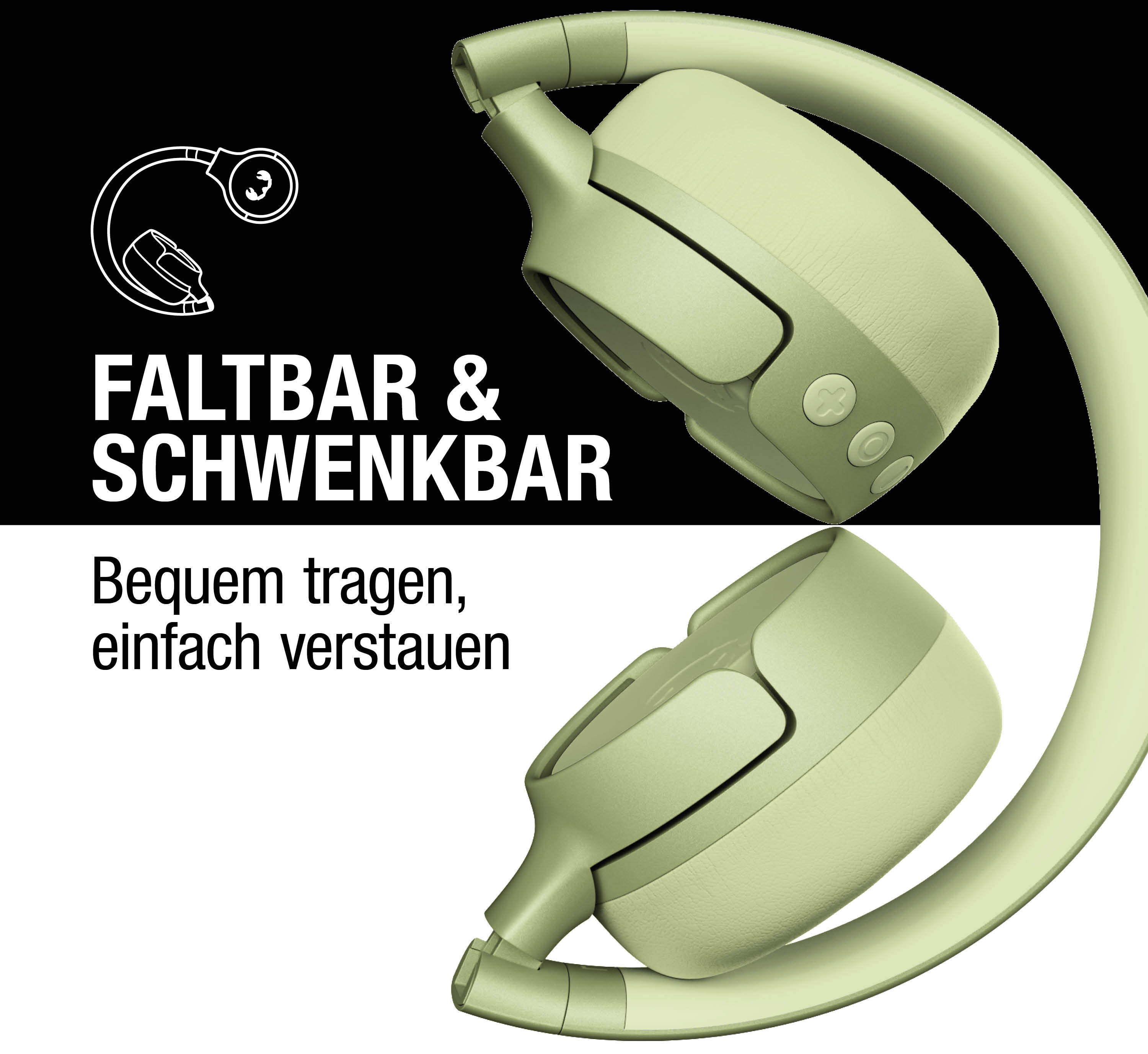 Hellgrüne Kopfhörer sind faltbar und schwenkbar, mit Bedienelementen.