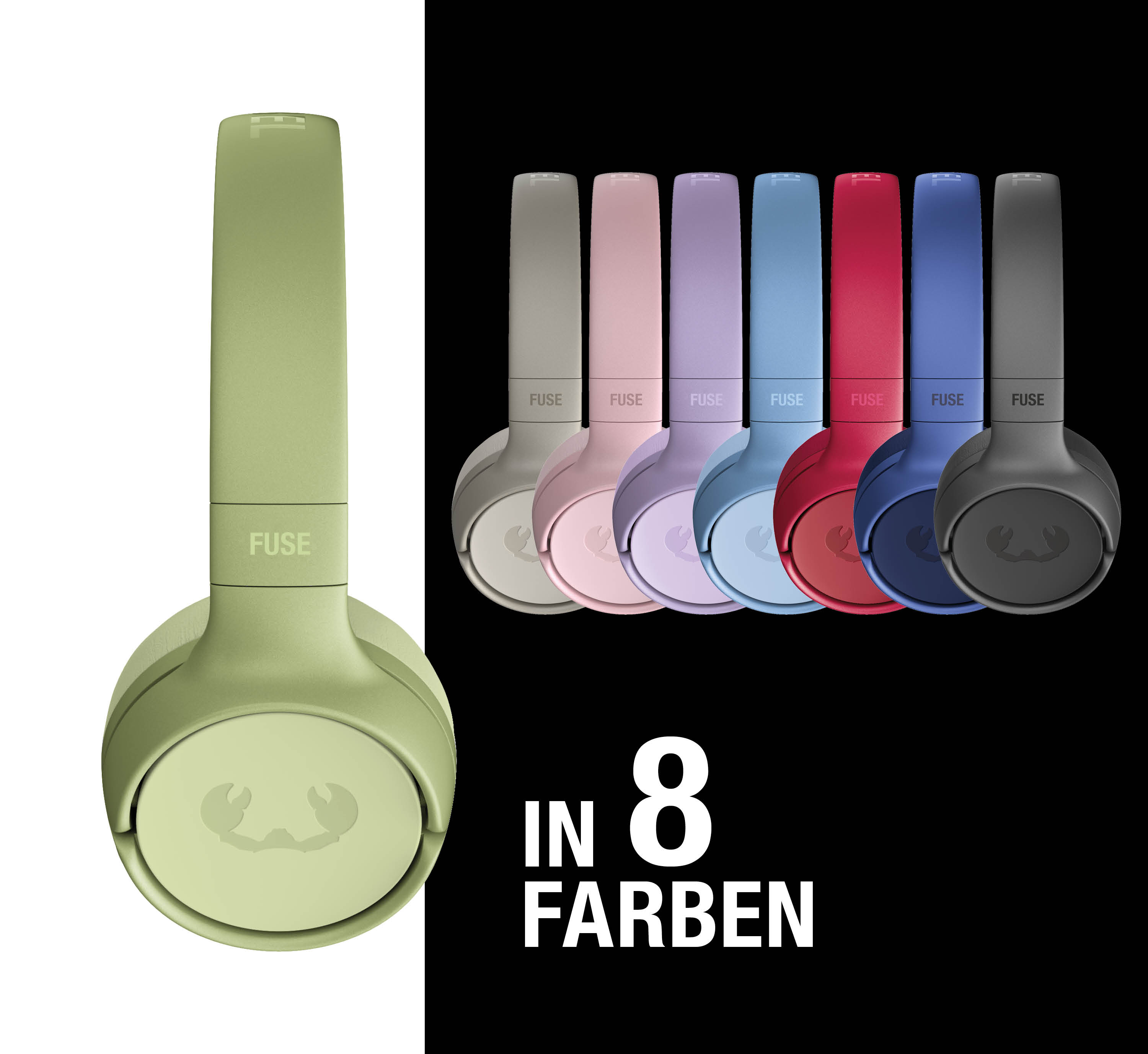 Ein hellgrüner Kopfhörer links, acht farbige Kopfhörer rechts. Text: in 8 Farben.