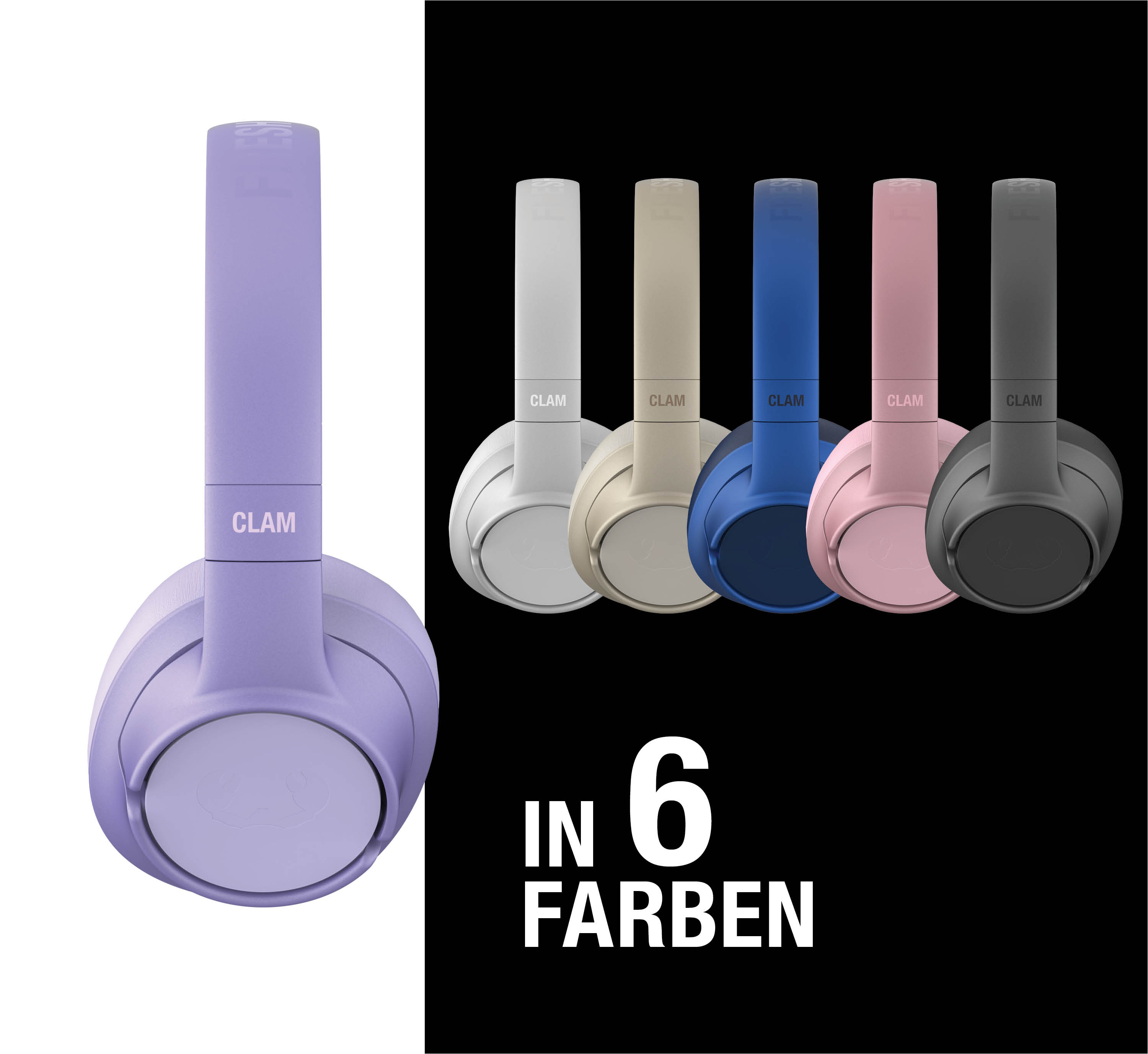 Ein lila Kopfhörer links, daneben fünf weitere in Grau, Beige, Blau, Rosa und Schwarz.