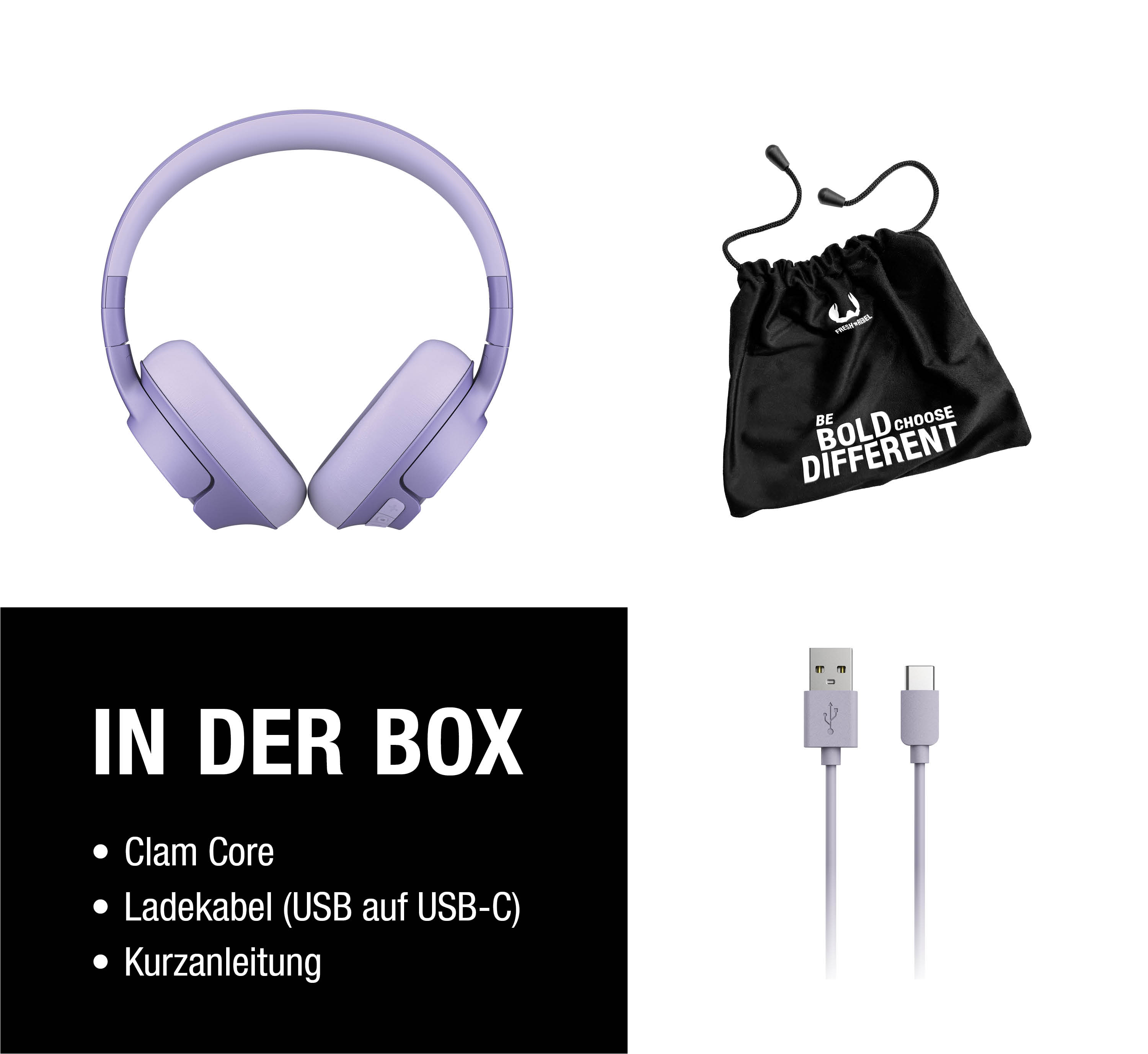 Lila Kopfhörer, schwarzer Beutel mit Aufdruck, USB-Kabel. Enthält Ladekabel.