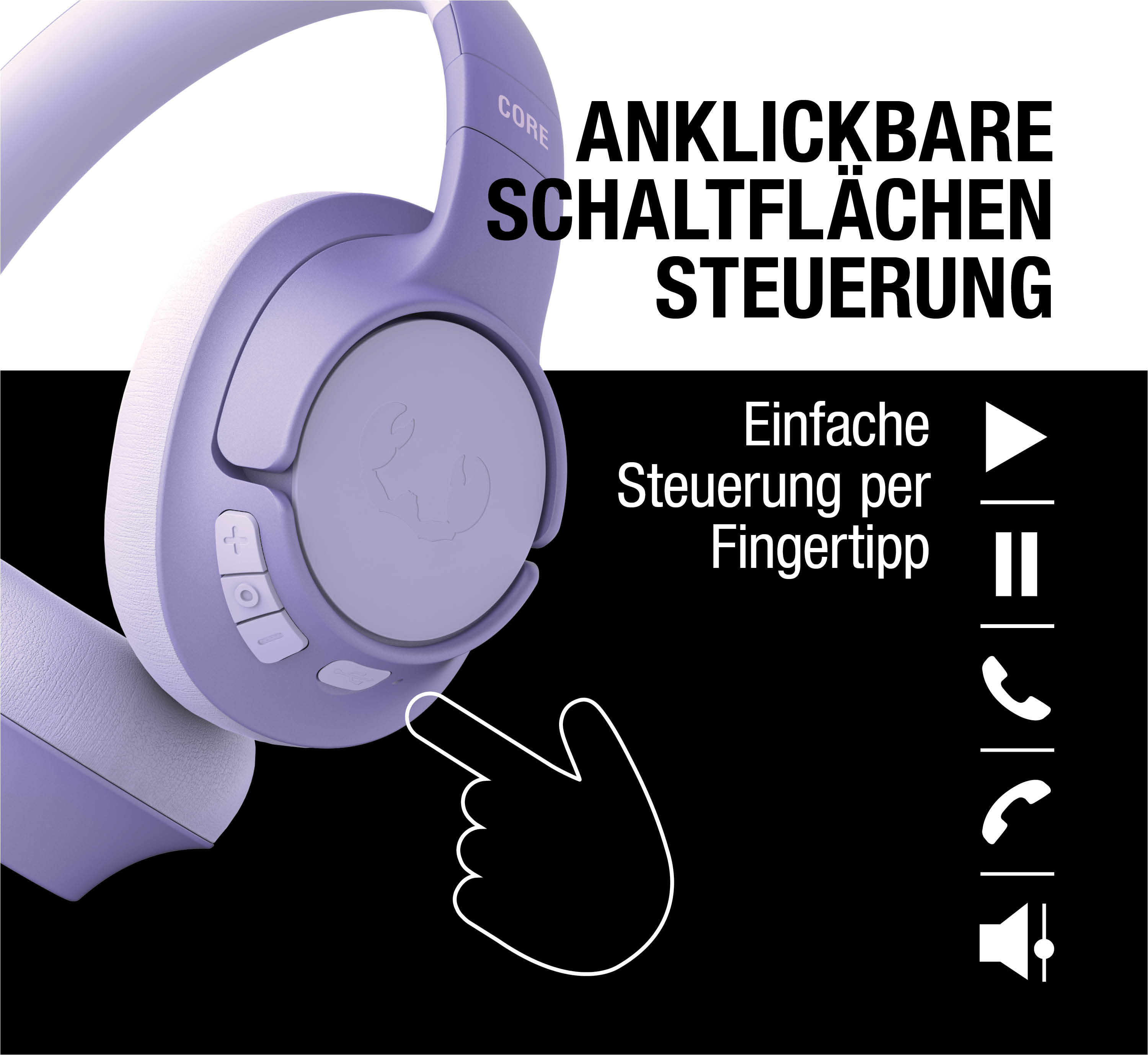 Lila Kopfhörer mit anlickbaren Steuerelementen und Icons für Play, Pause, Anruf und Lautstärke.