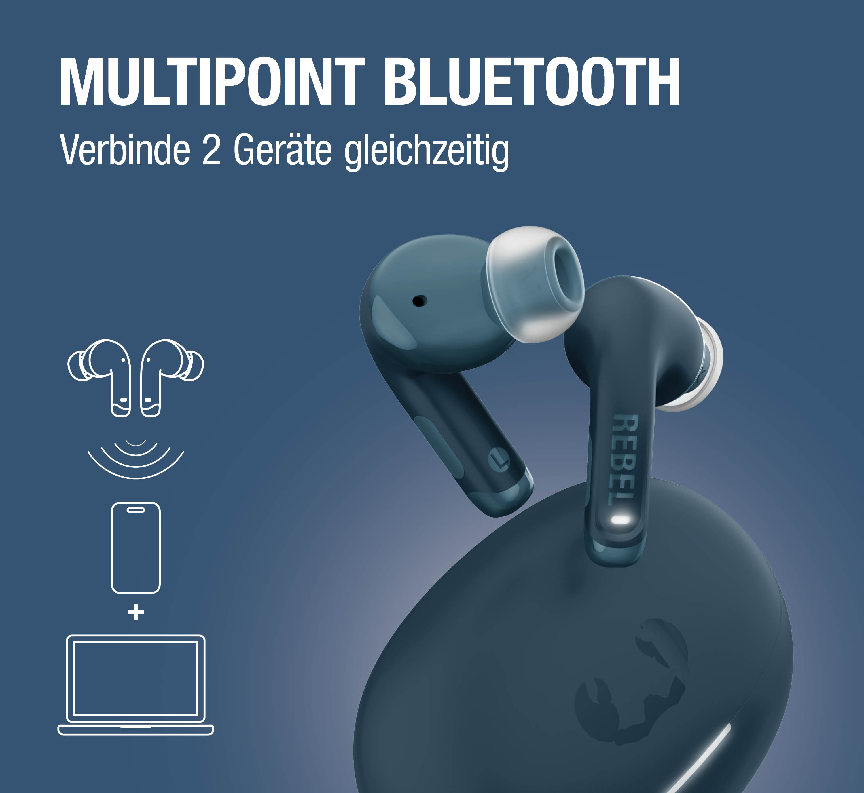 Blauer Kopfhörer und Ladecase mit Text Multipoint Bluetooth.