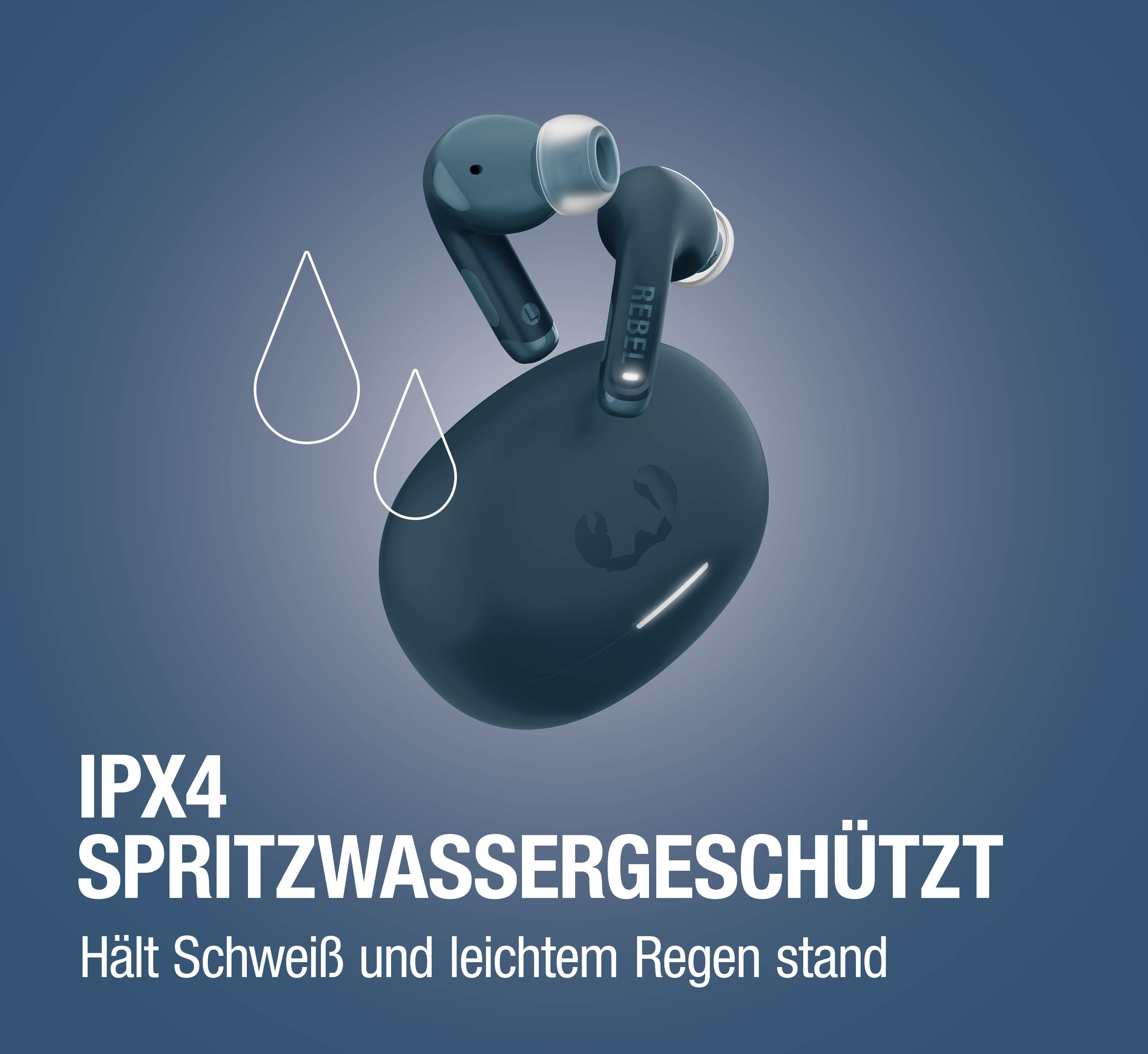 Dunkelblaue Kopfhörer mit Ladecase, IPX4 spritzwassergeschützt.