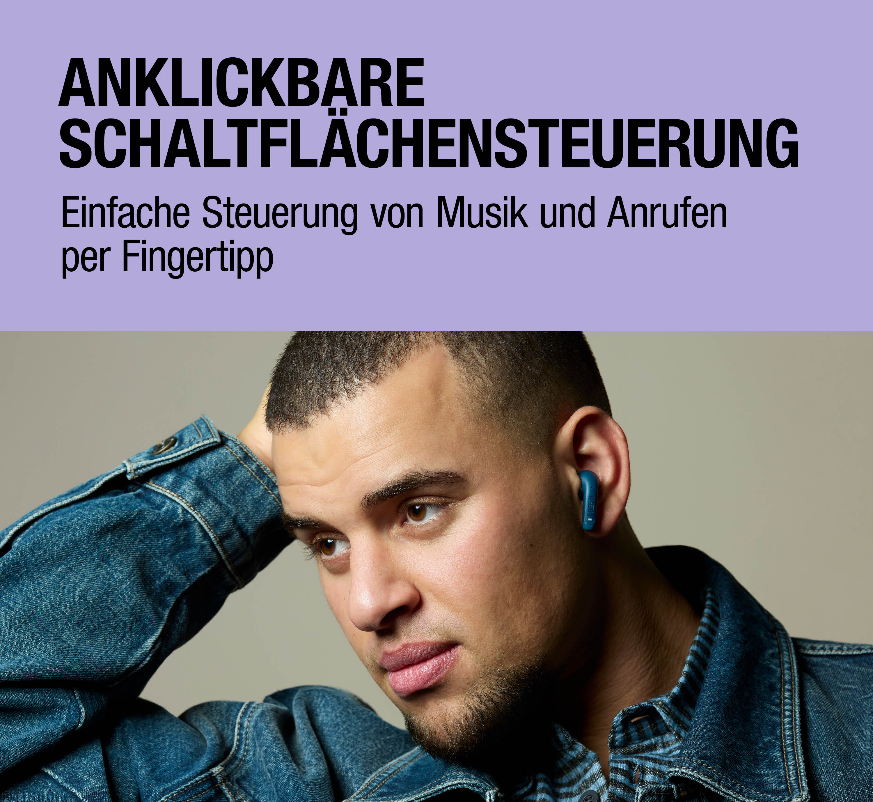 Mann mit Kopfhörer und Jeansjacke, Text über Touch-Steuerung.
