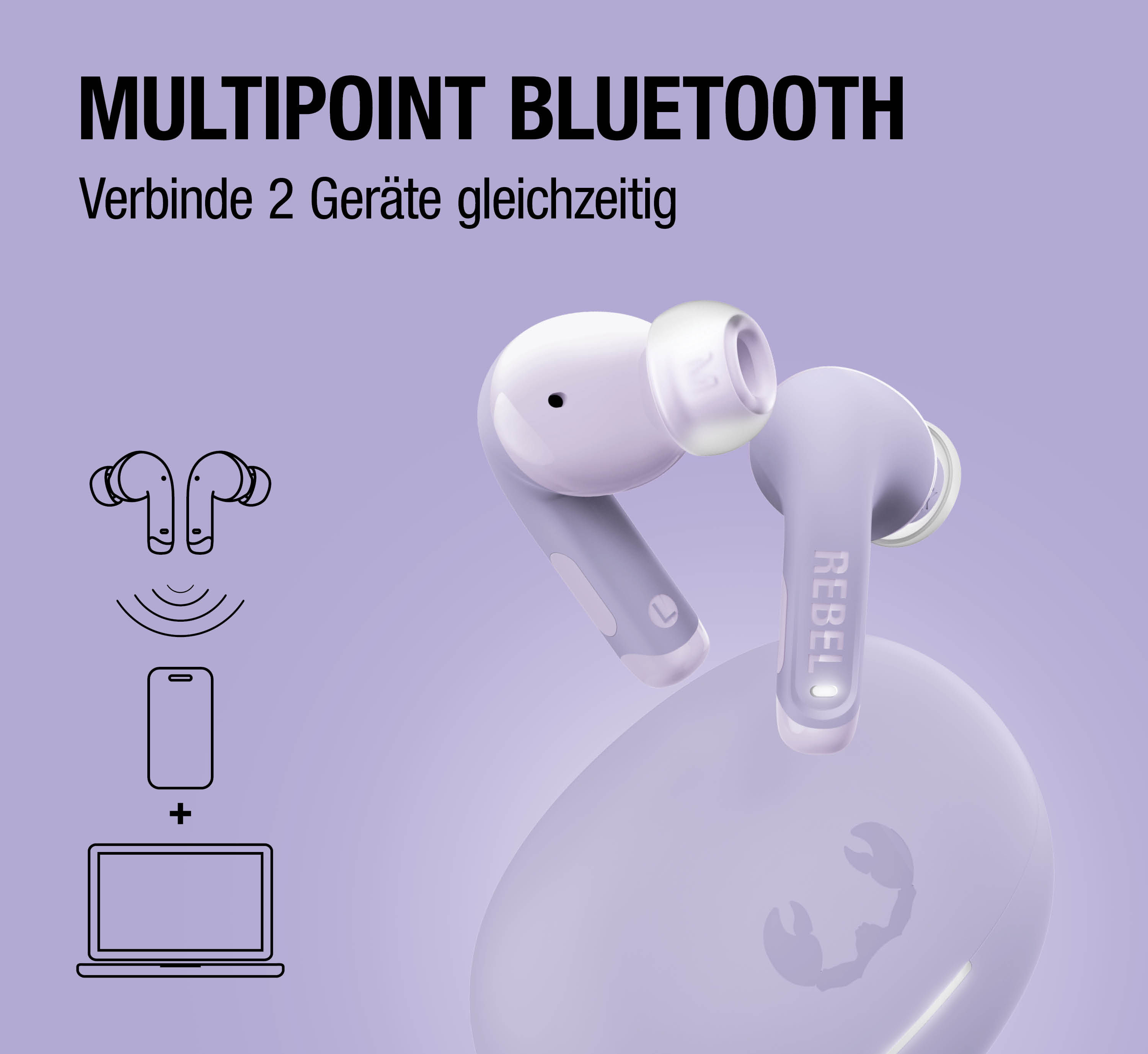 Lila Kopfhörer mit Ladebox und Symbolen für Smartphone und Laptop.