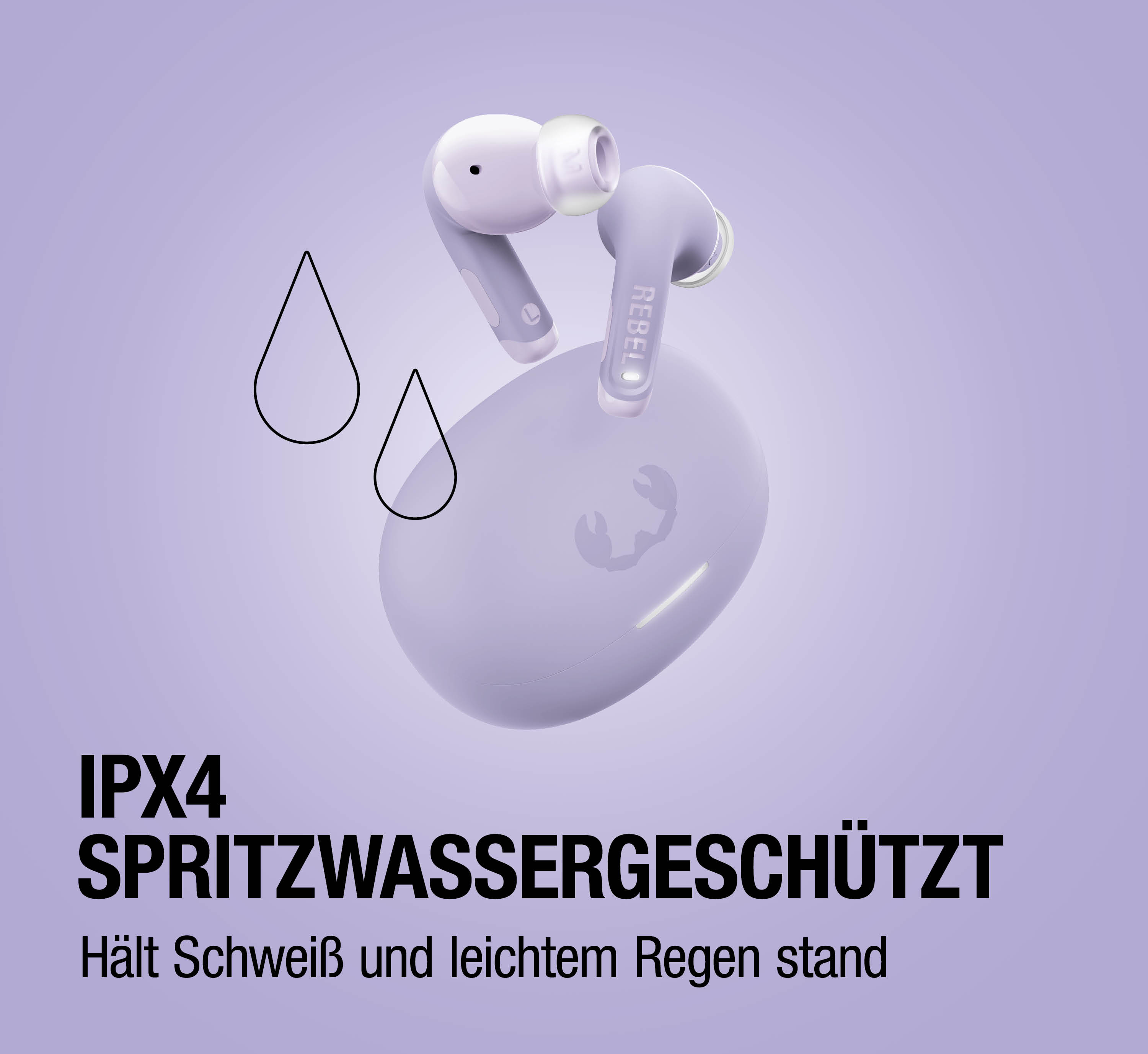 IPX4 spritzwassergeschützt: Hält Schweiß und leichtem Regen stand.