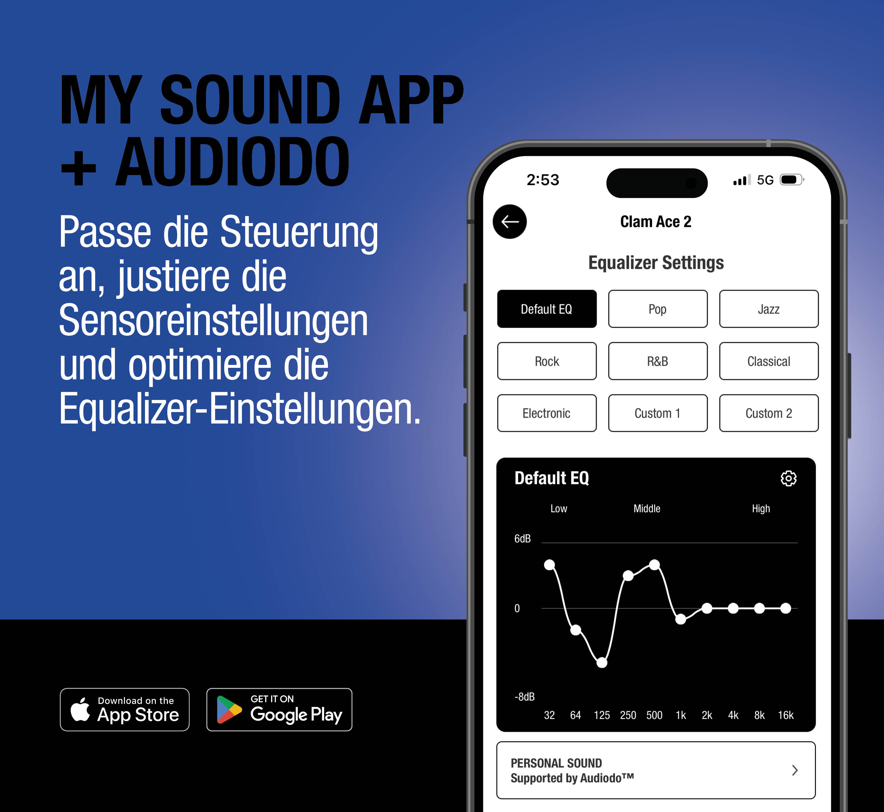 App-Bildschirm zeigt Equalizer-Einstellungen mit Wellenform und Download-Buttons.
