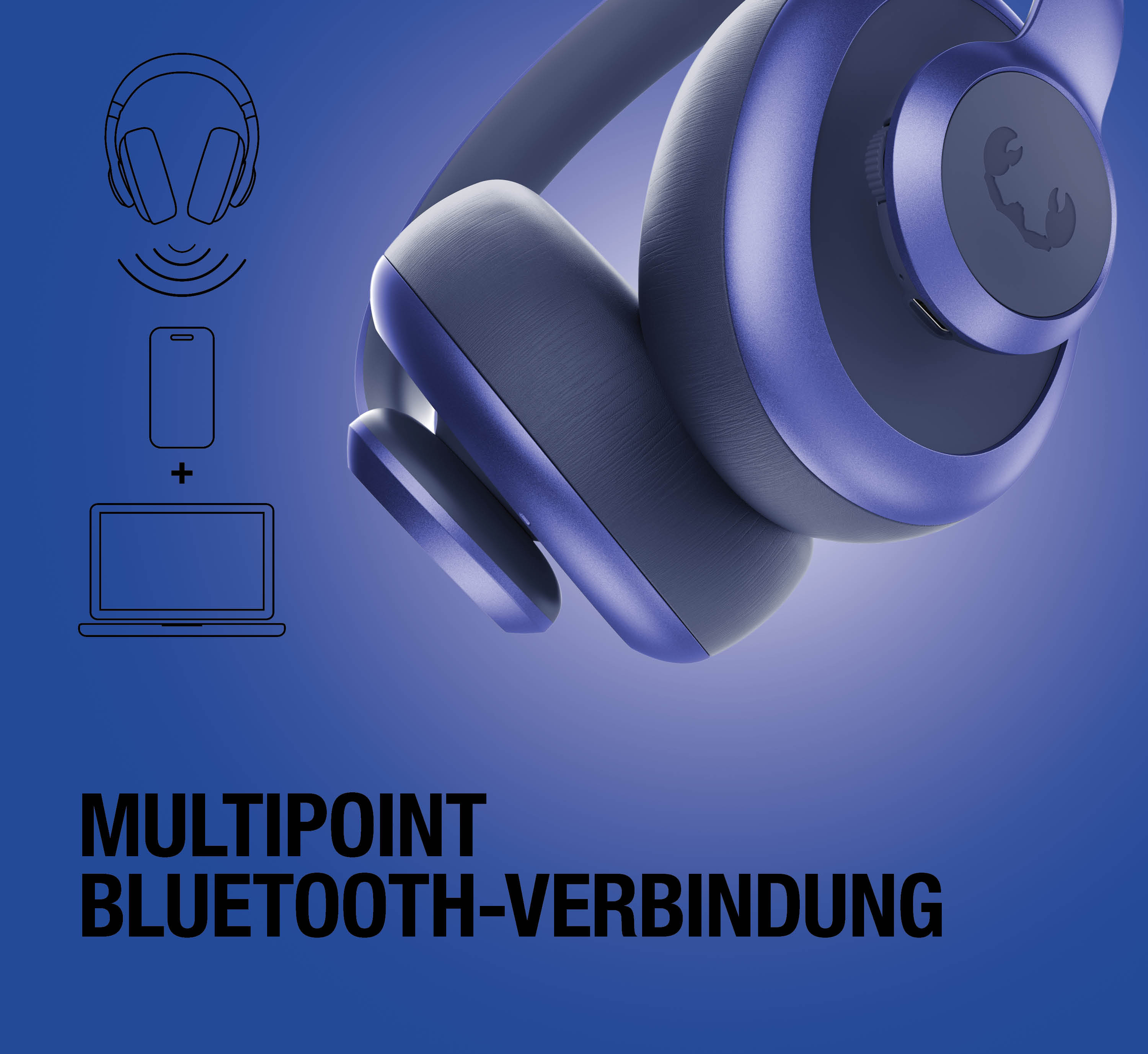 Blaue Kopfhörer mit Symbolen für Handy & Laptop. Multipoint Bluetooth.