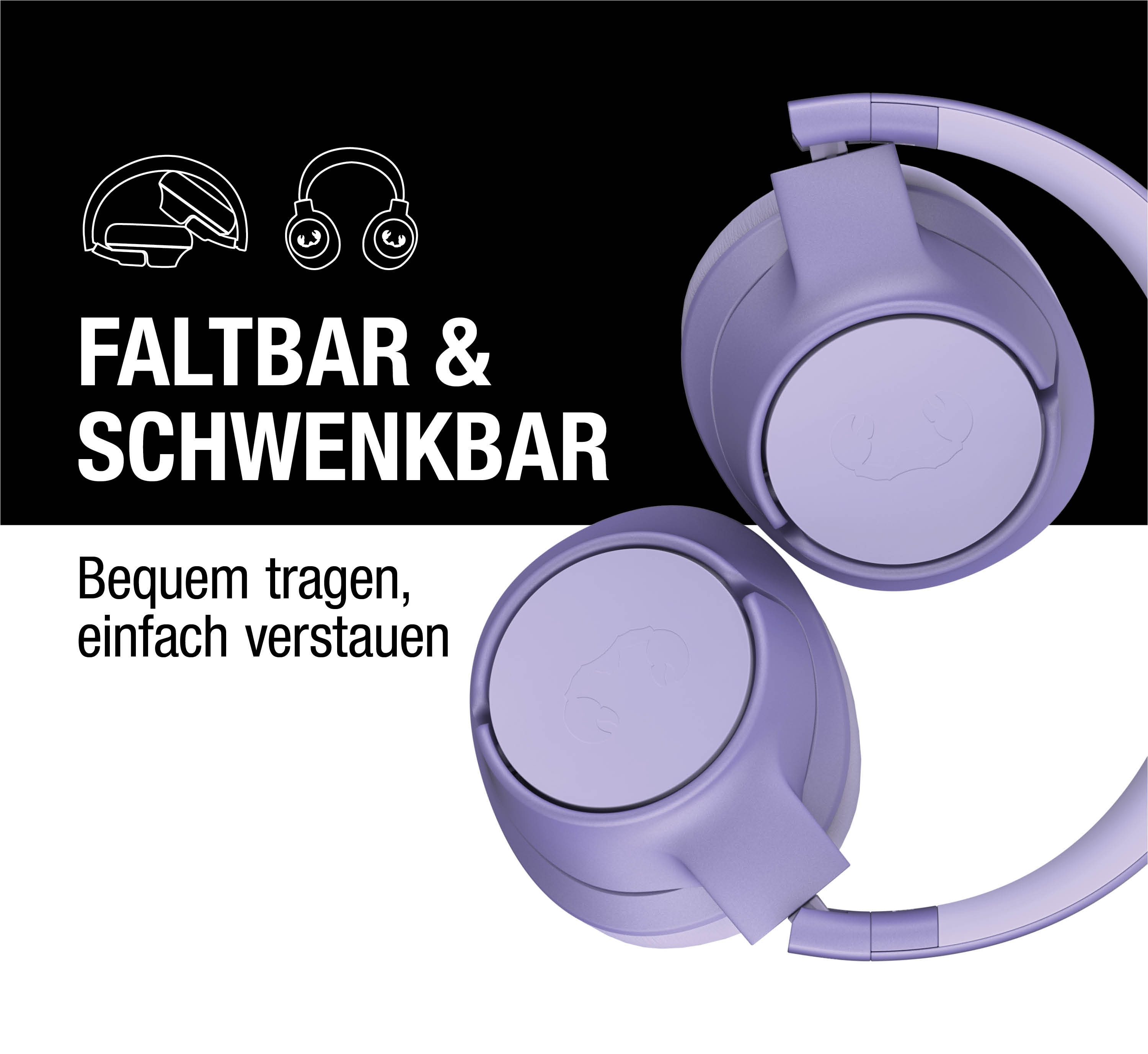 Lila Kopfhörer mit faltbarem und schwenkbarem Design auf schwarzem und weißem Hintergrund.