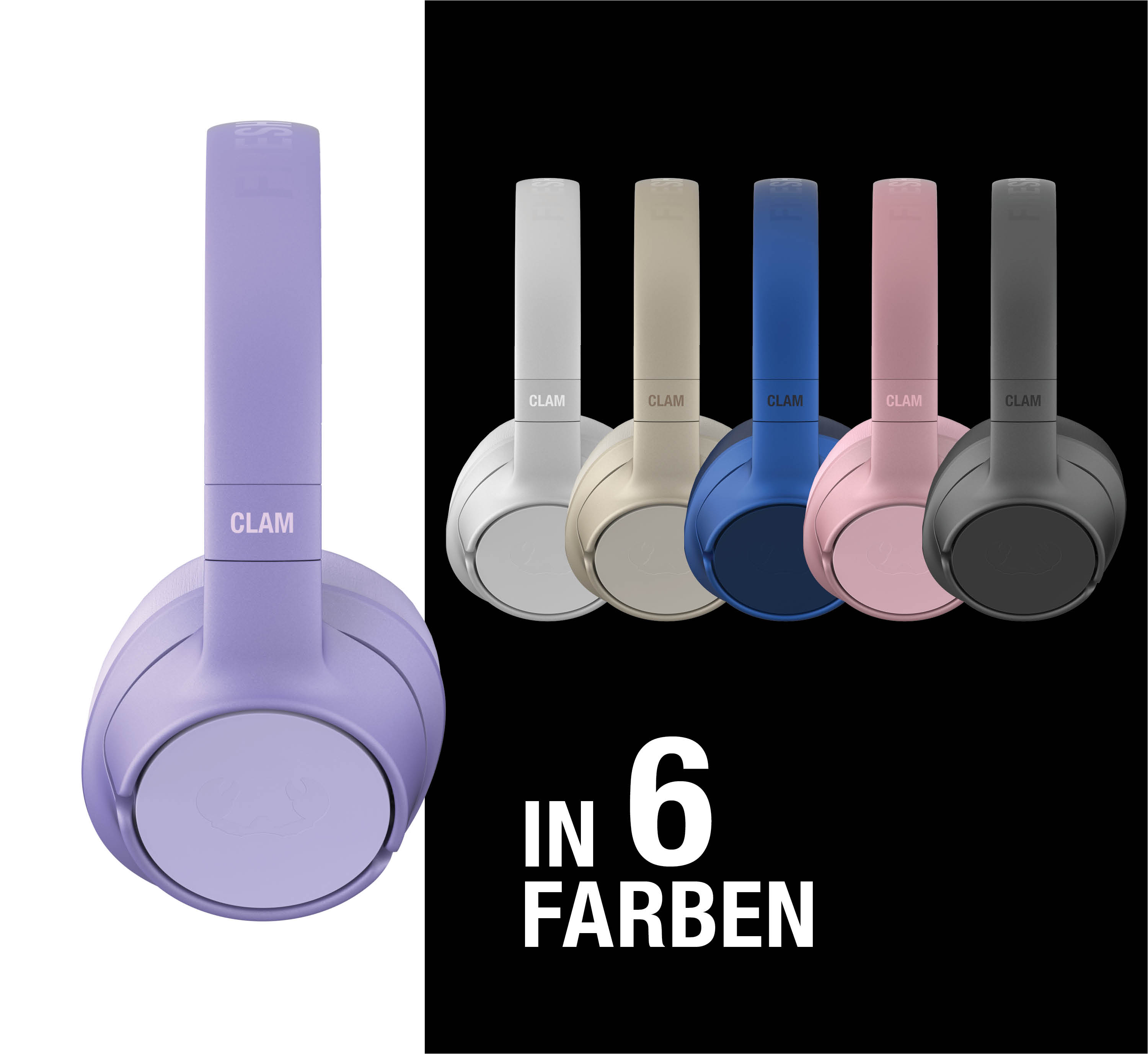 Kopfhörer in den Farben Lila, Weiß, Beige, Blau, Rosa und Grau.