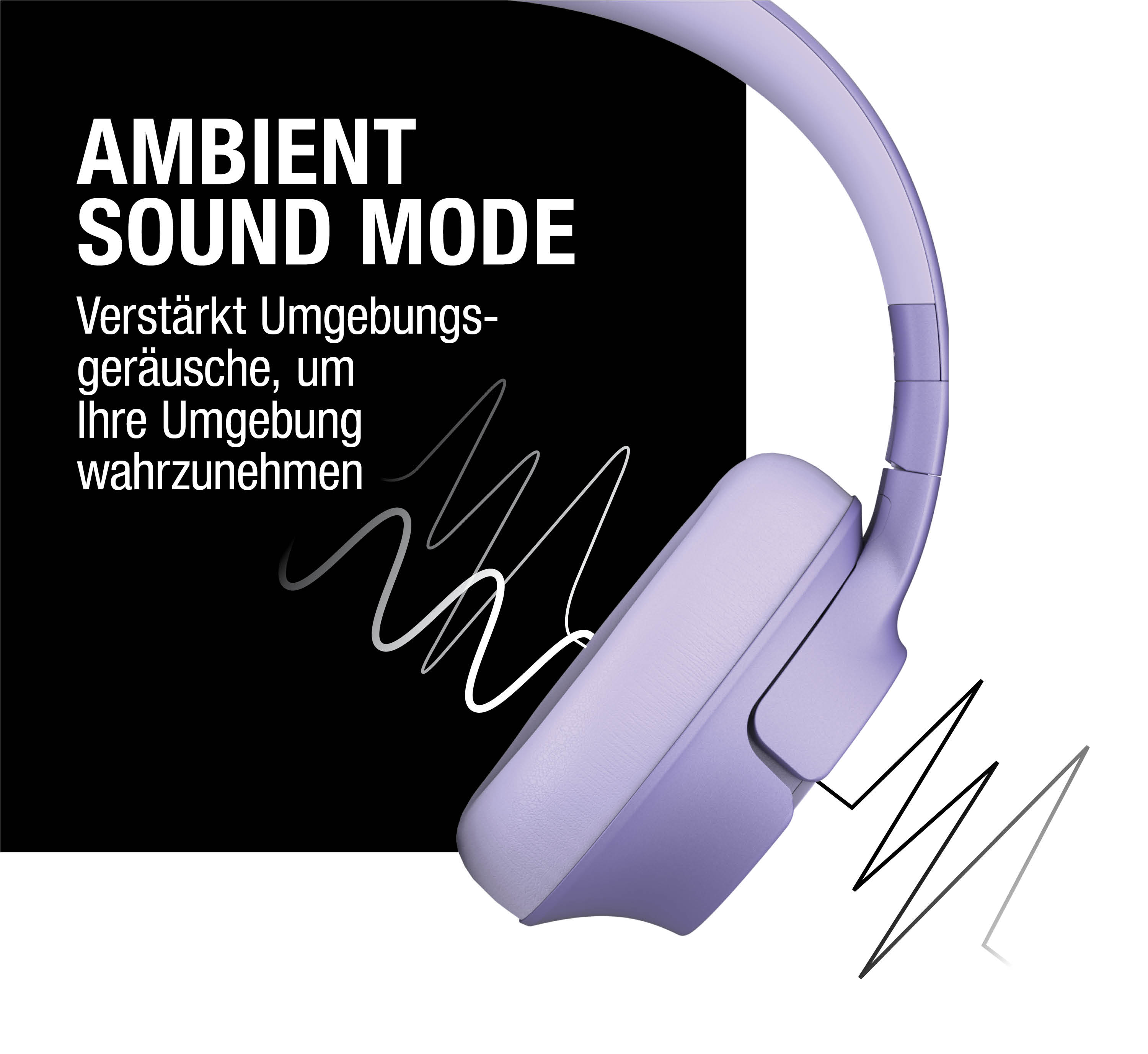 Lila Kopfhörer mit Text 'AMBIENT SOUND MODE' und Schallwellengrafik.