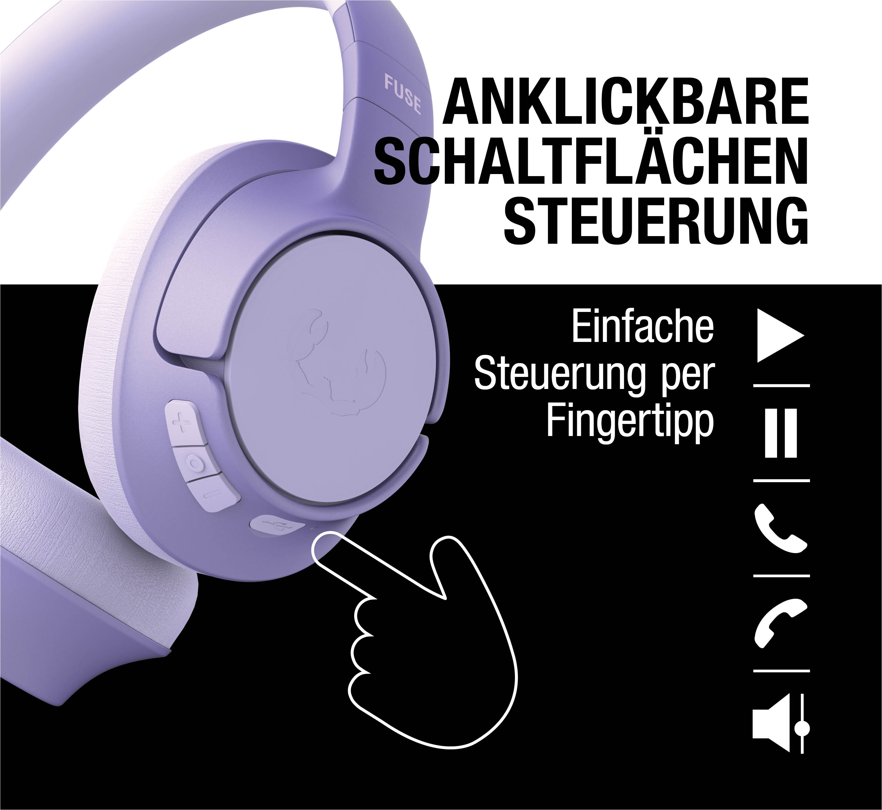 Lila Kopfhörer mit Touch-Steuerung und Symbolen für Play, Pause, Anruf und Lautstärke.