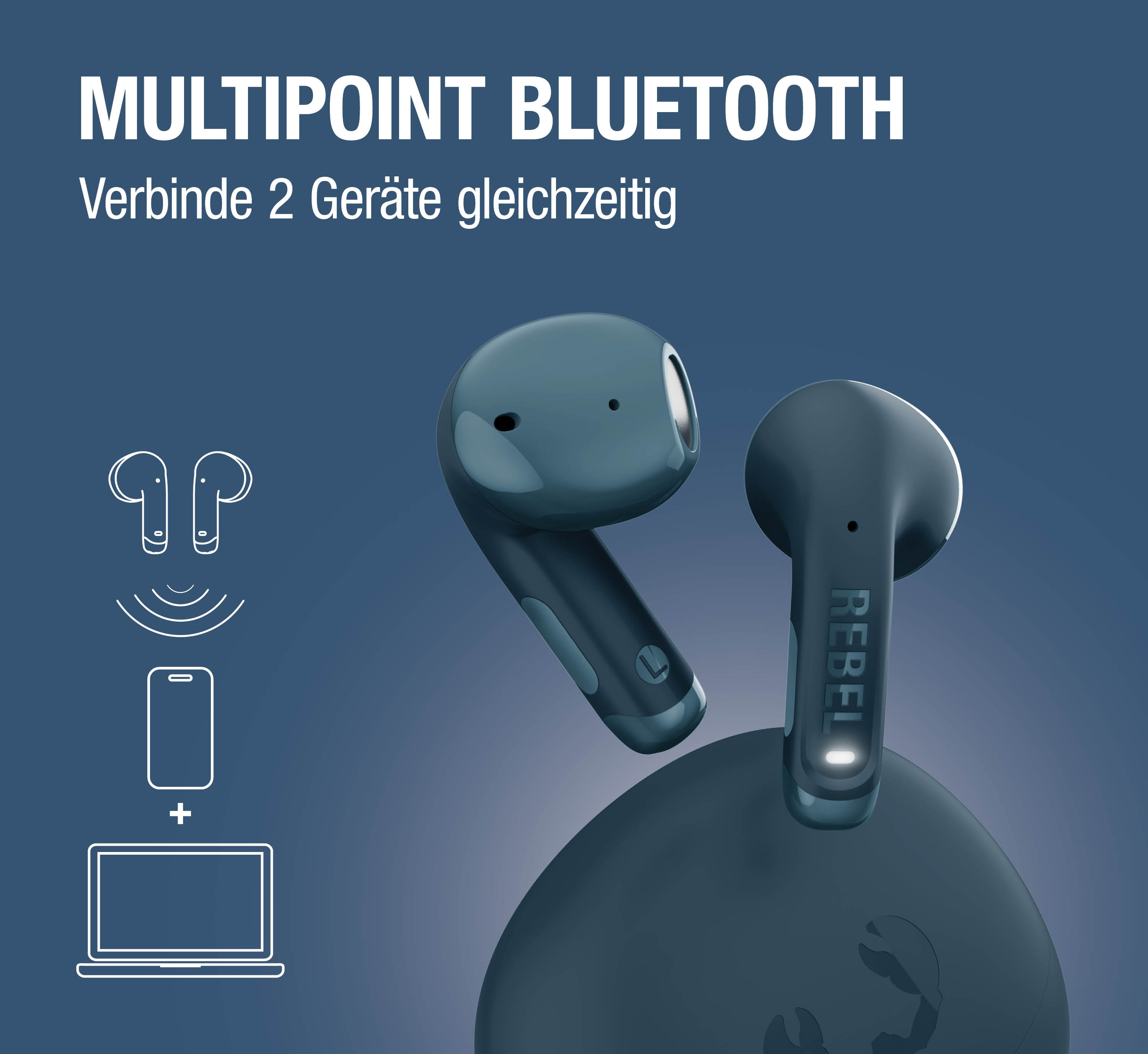 Blauer kabelloser Kopfhörer mit Ladecase und Symbolen für Bluetooth-Verbindung.