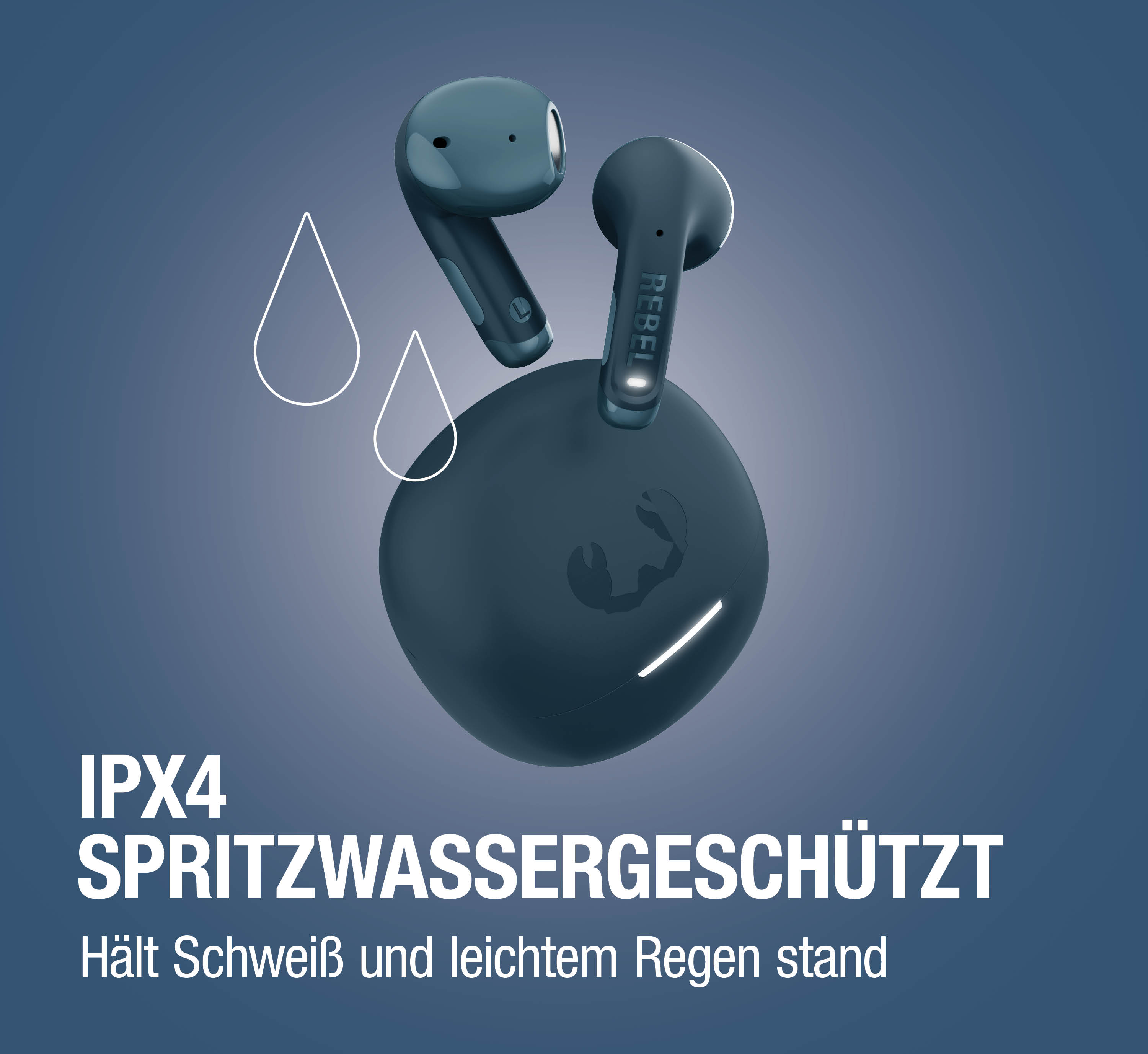 Blauer Kopfhörer mit Ladecase, IPX4 spritzwassergeschützt.