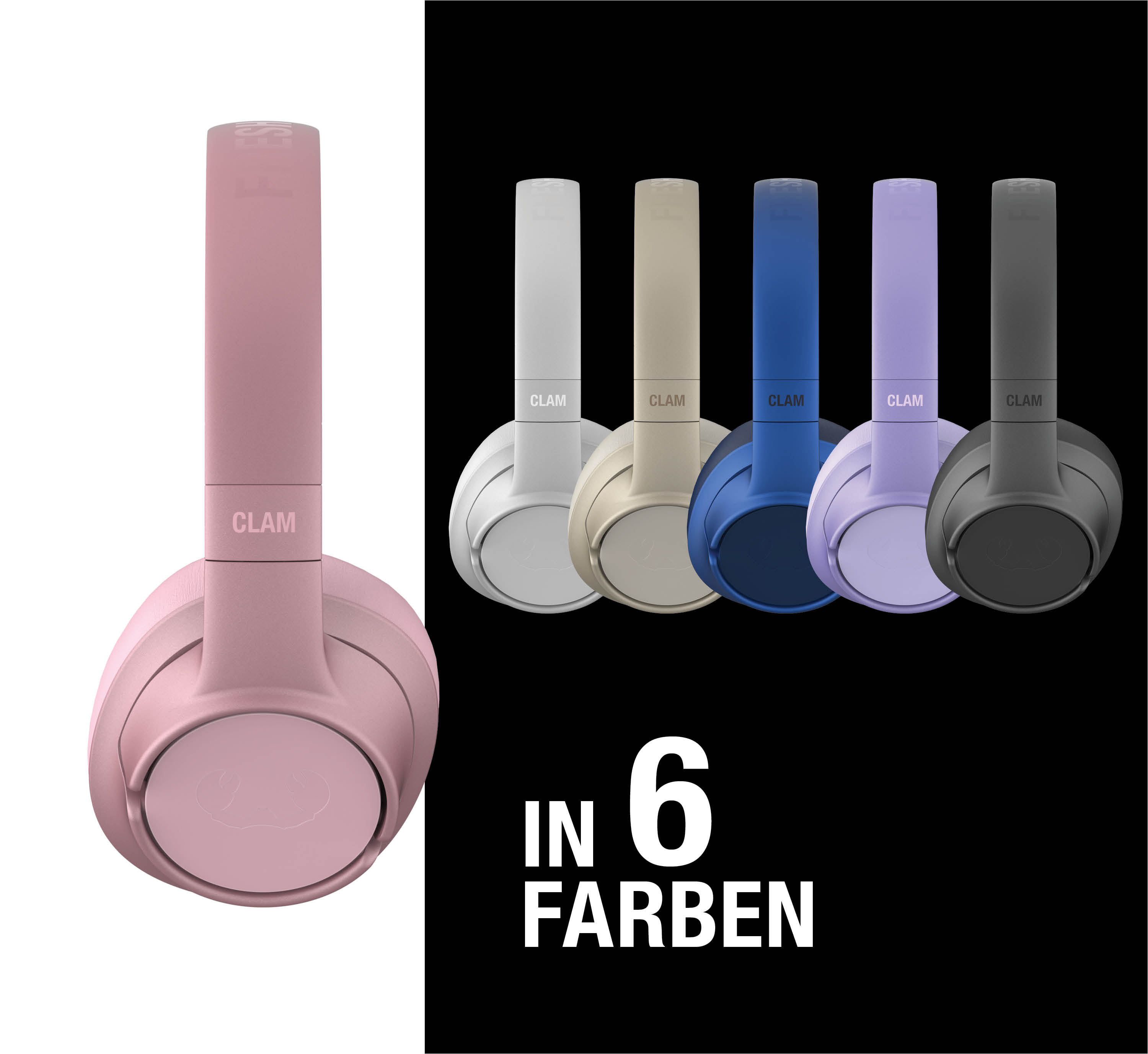 Ein rosafarbener Kopfhörer links, fünf weitere Kopfhörer in anderen Farben rechts.