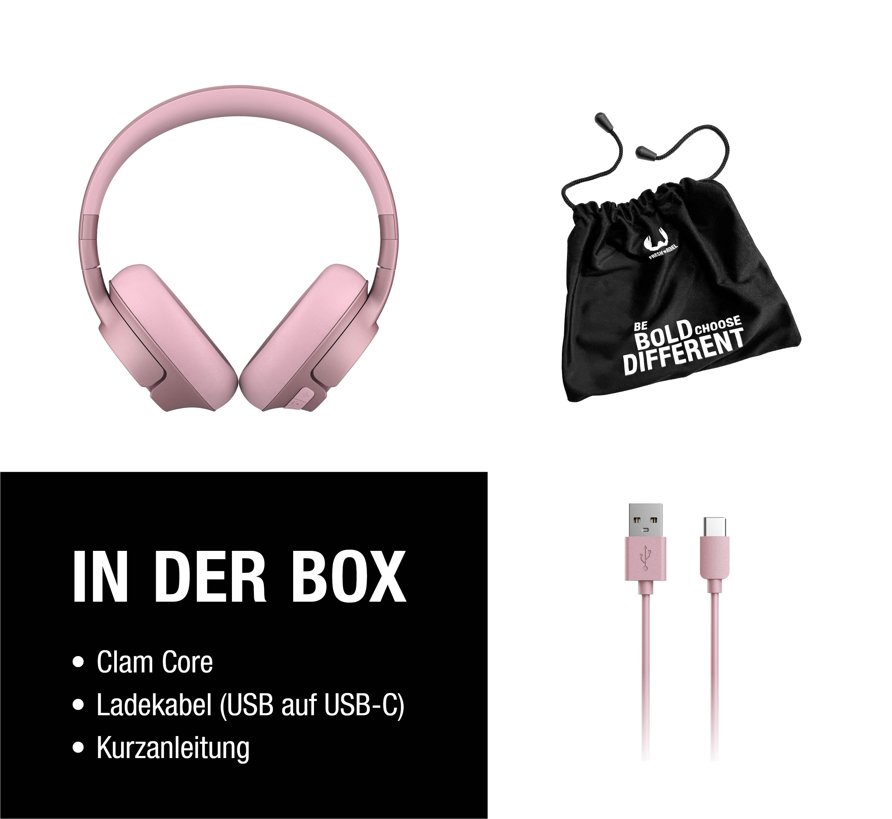 Ein rosafarbener Kopfhörer, schwarzer Beutel und Ladekabel.