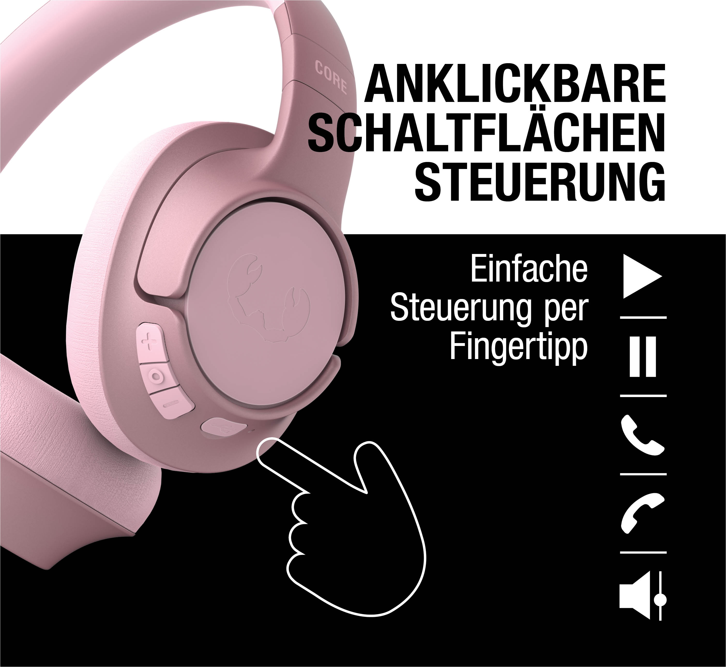 Eine rosafarbene Kopfhörer-Nahaufnahme mit Bedienfeldern und Symbolen.