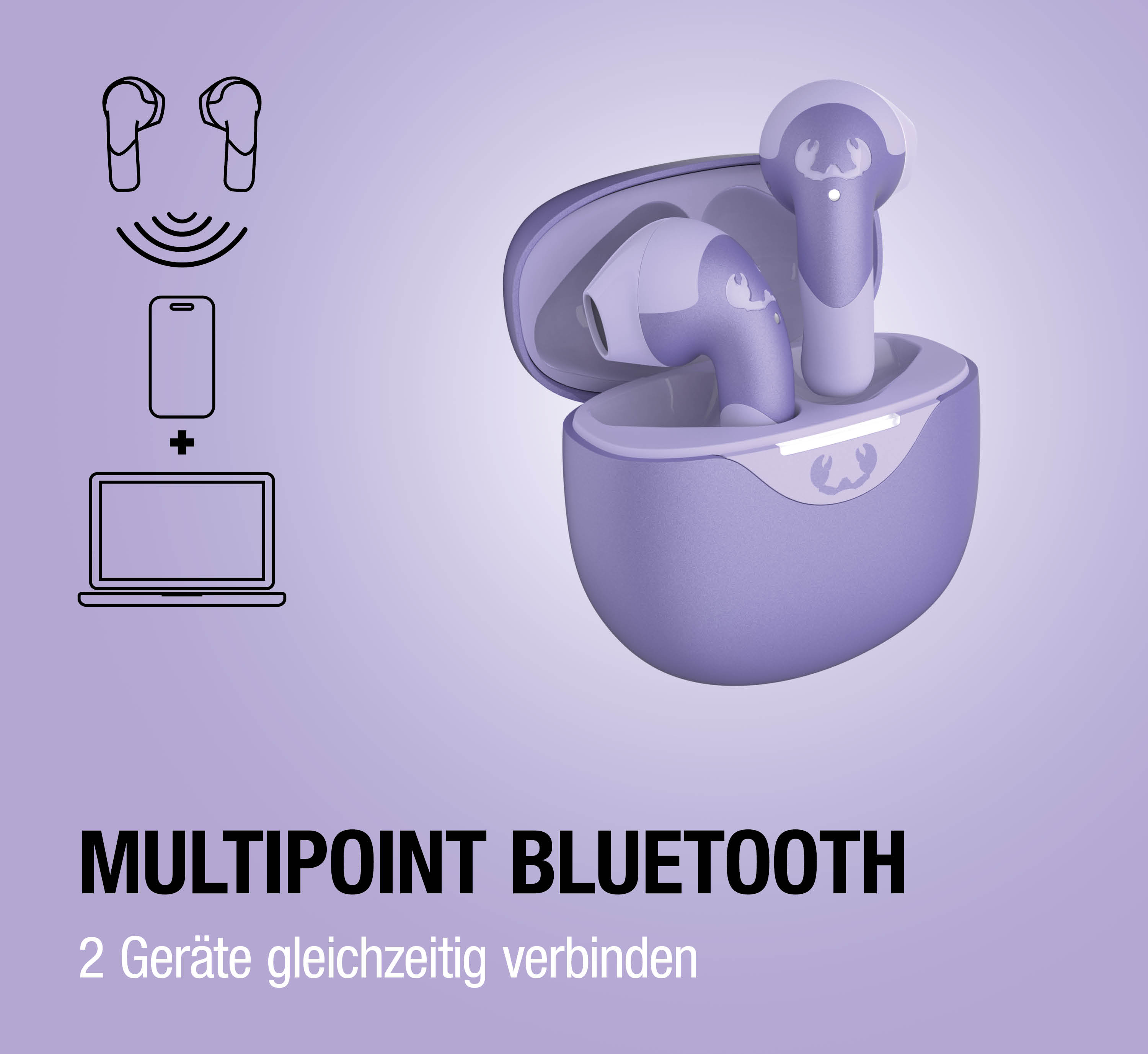 Lila Ohrhörer im Ladecase, daneben Icons für Handy und Laptop.