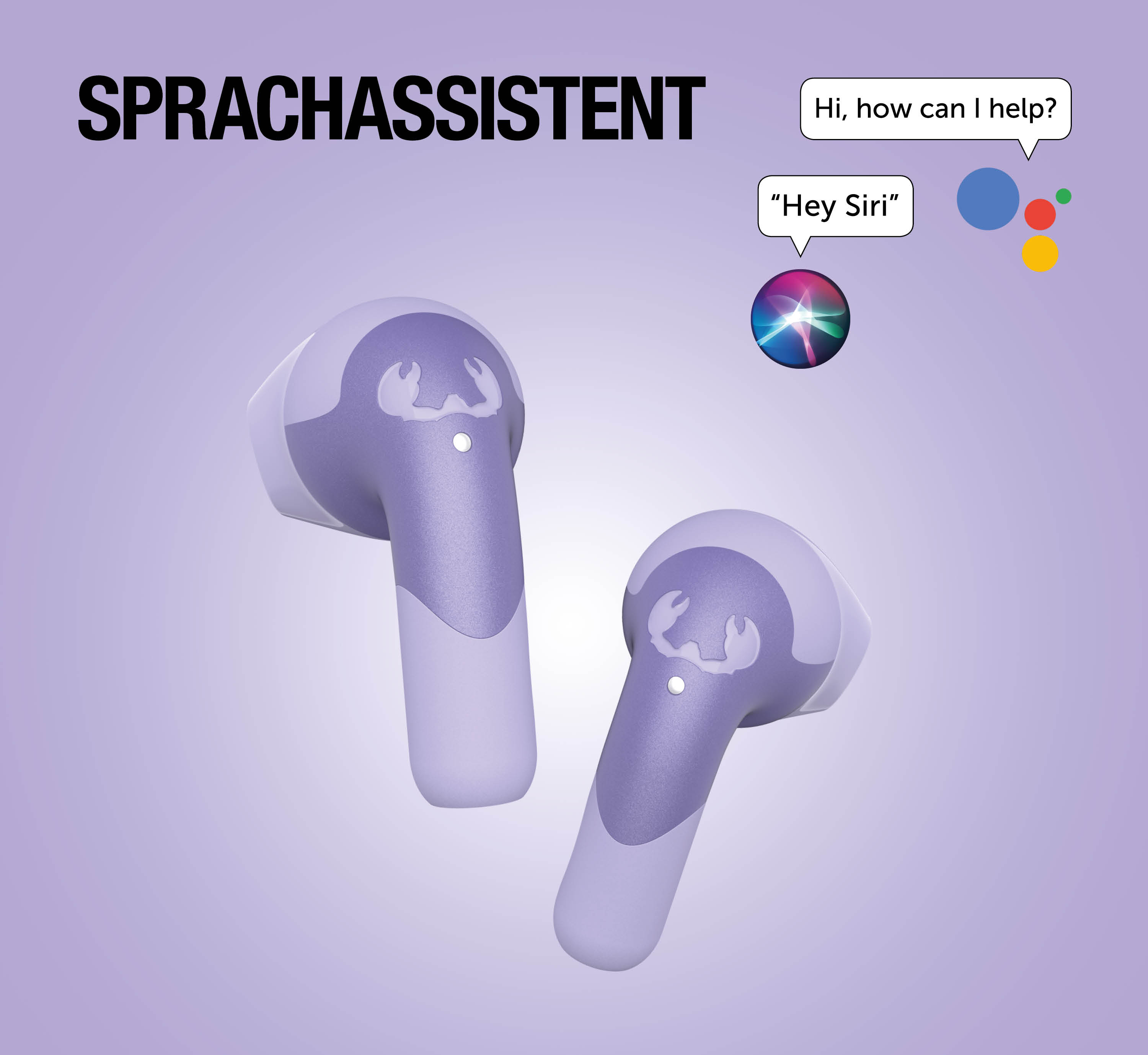 Lila Ohrhörer mit Krebs-Symbol, Sprachassistent-Icons und Text.