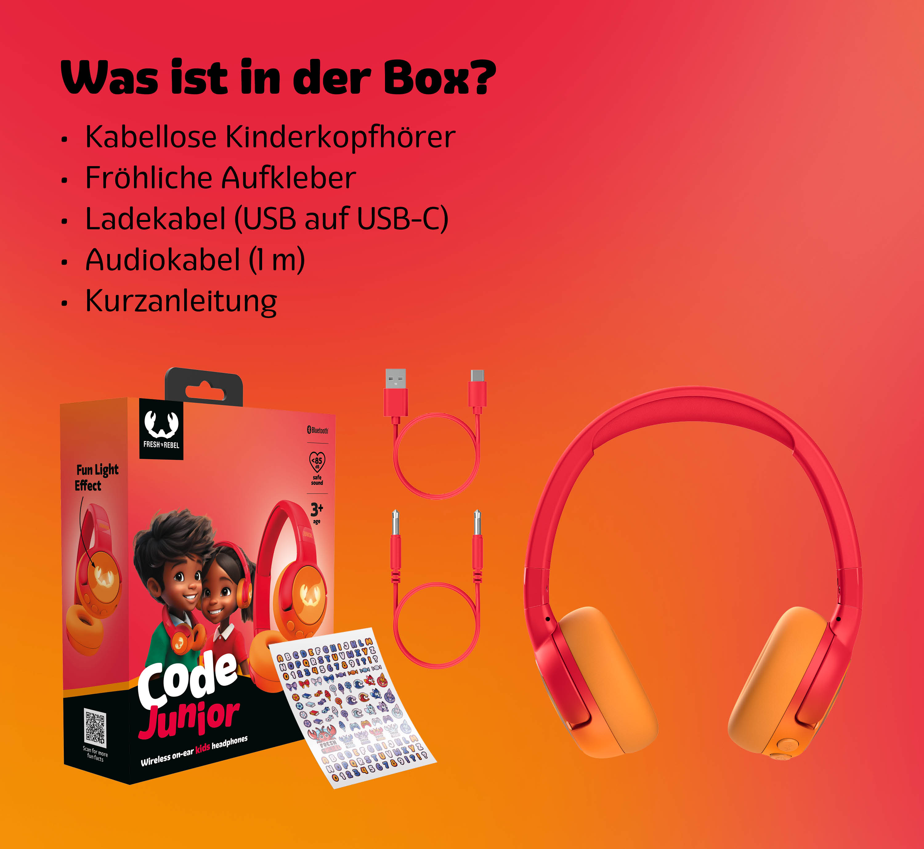 Kinderkopfhörer, Kabel, Aufkleber und Anleitung auf rotem Hintergrund.