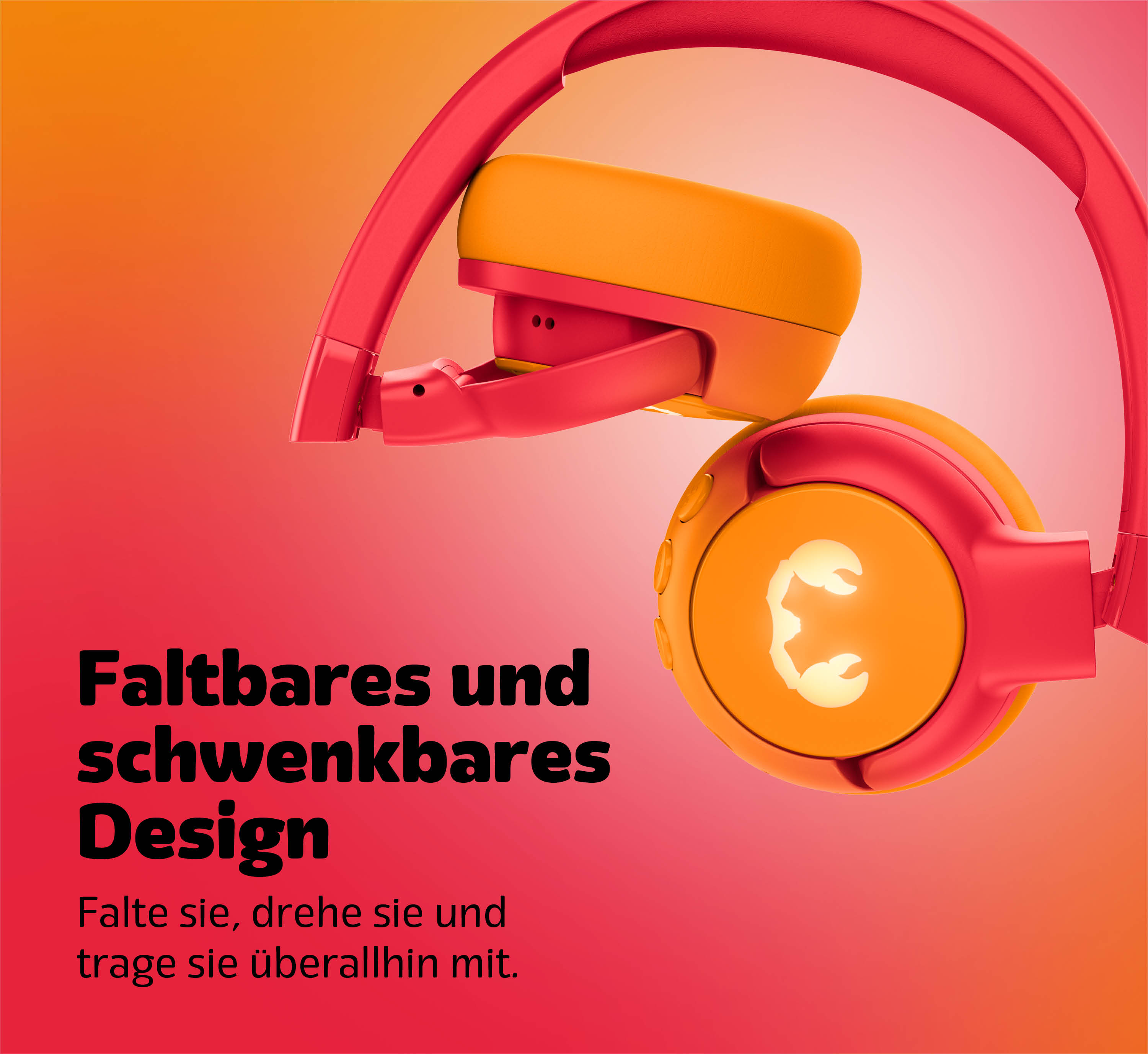Rote und orangefarbene Kopfhörer mit faltbarem Design auf farbverlaufendem Hintergrund.