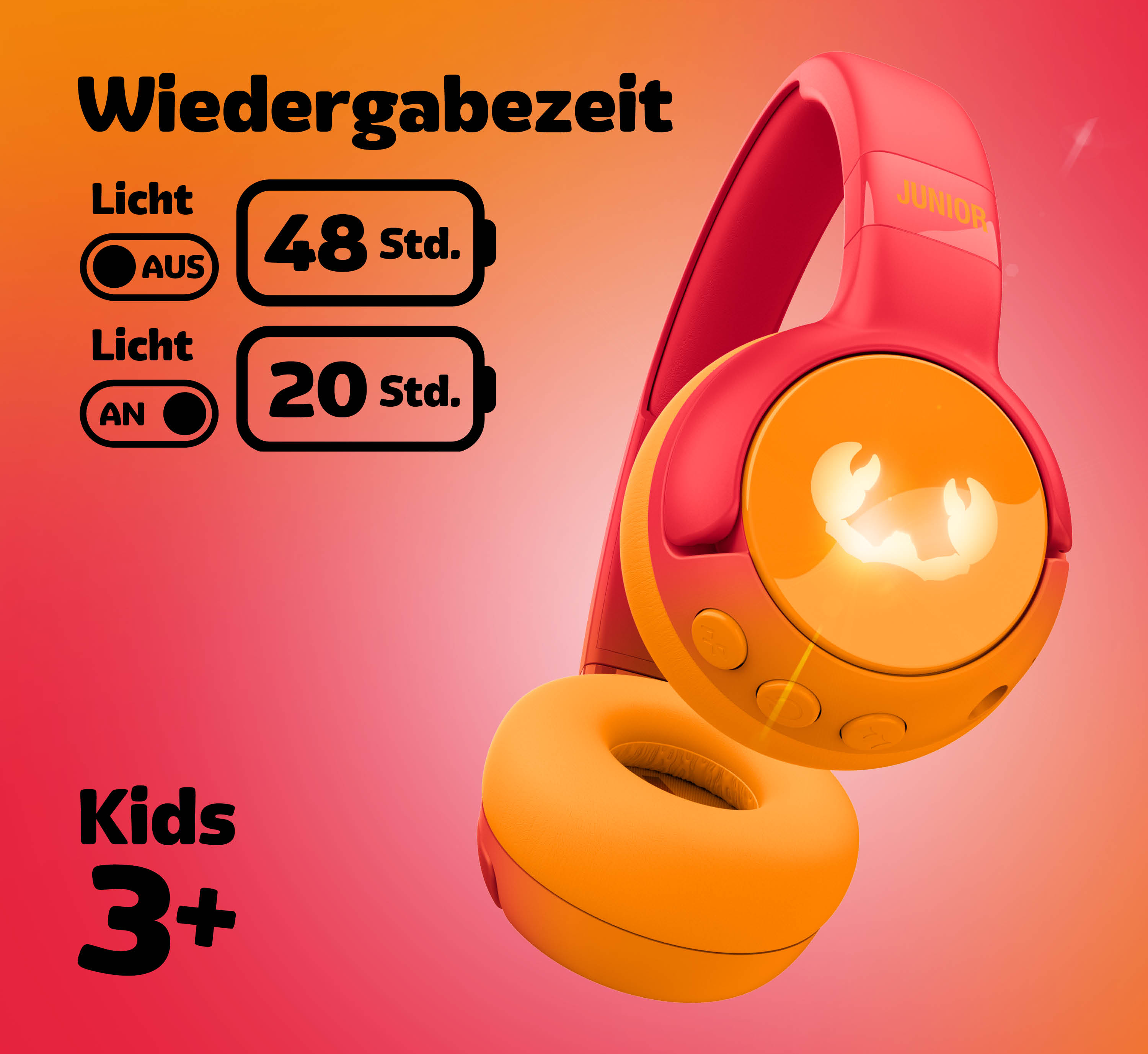 Kinderkopfhörer mit 48 Std. Wiedergabezeit (Licht aus) und 20 Std. (Licht an).