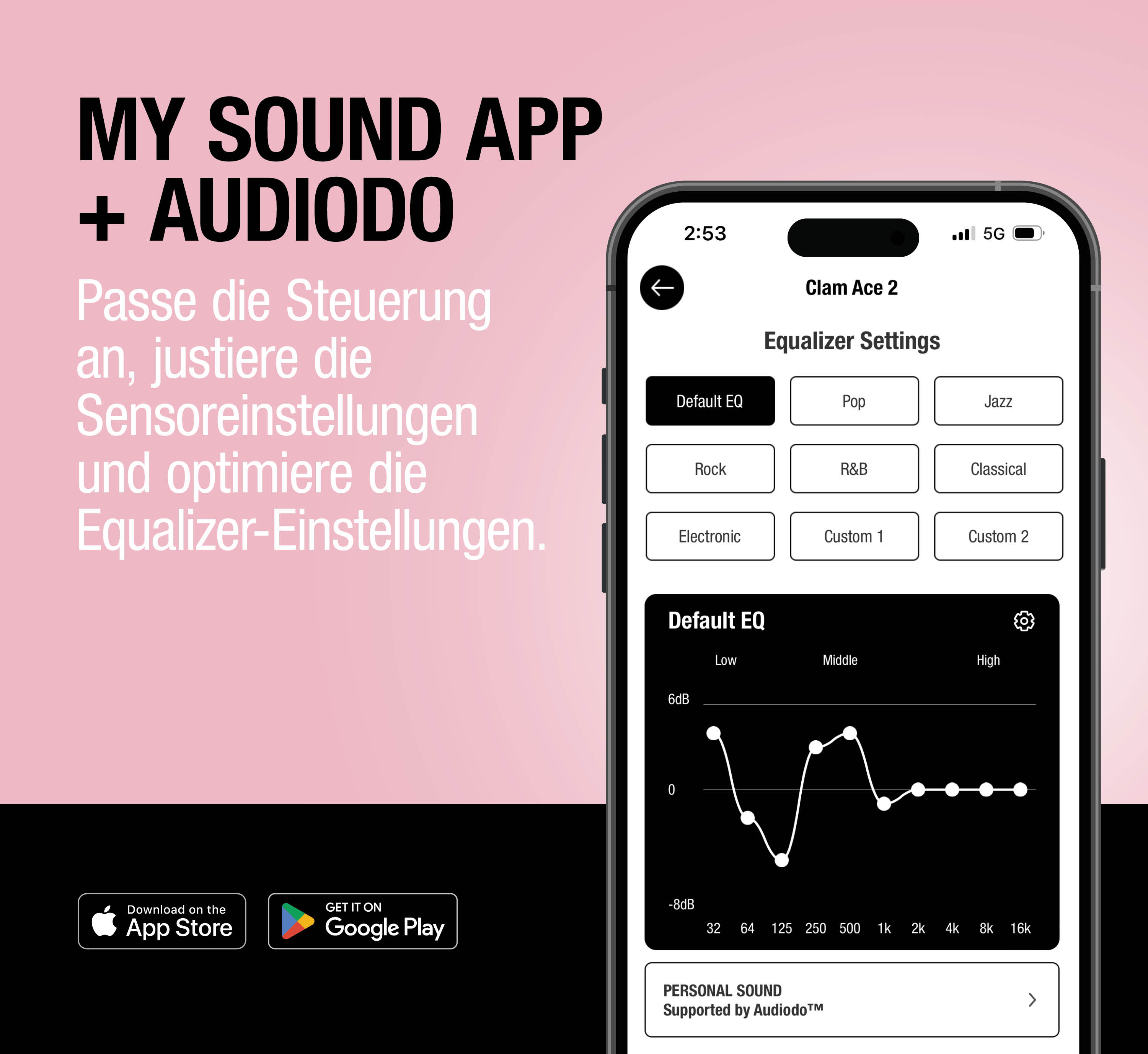 App-Anzeige mit Equalizer-Einstellungen und Download-Buttons für App Store/Google Play.