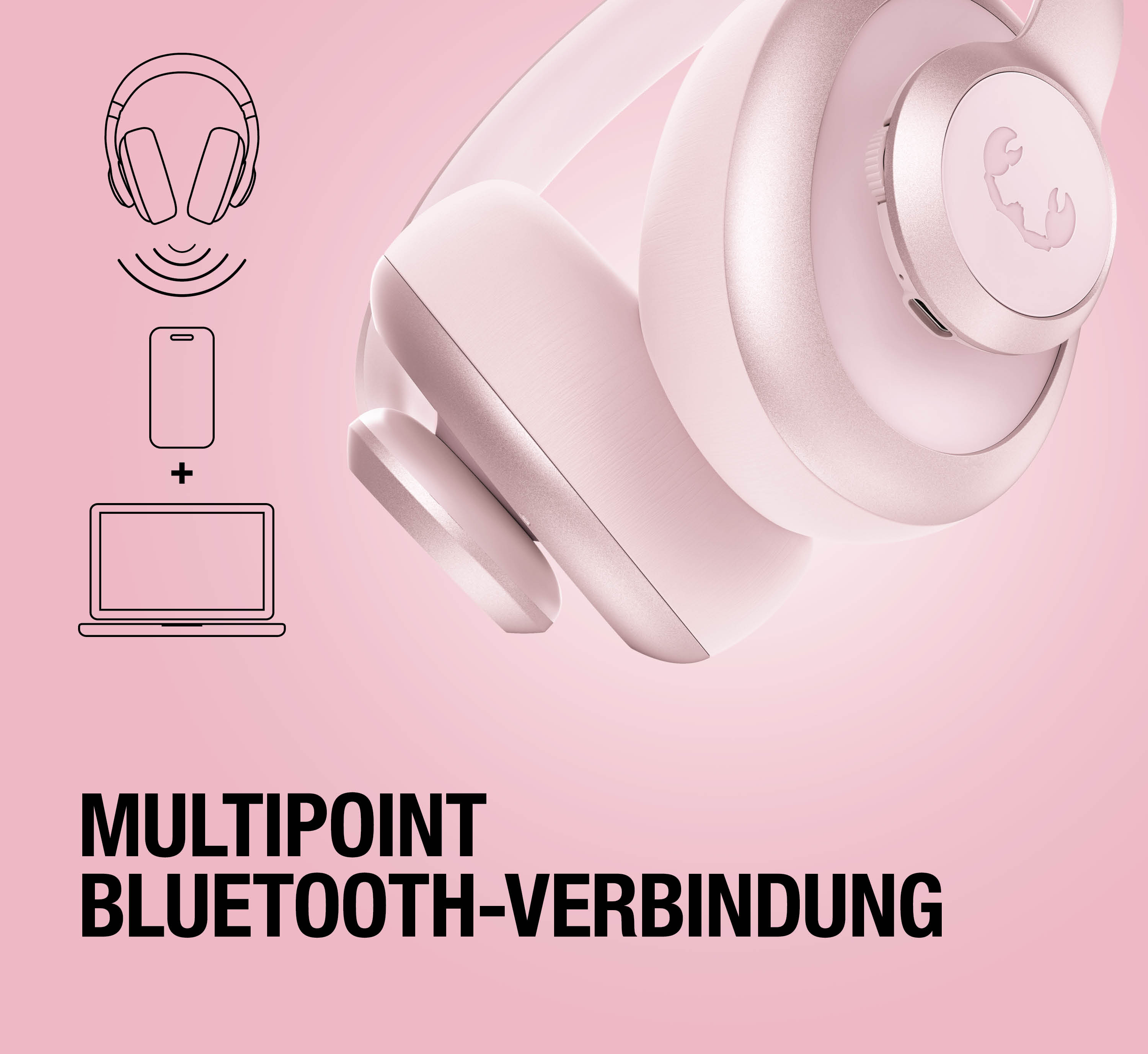 Rosa Kopfhörer mit Symbolen für Handy und Laptop. Multipoint-Bluetooth.