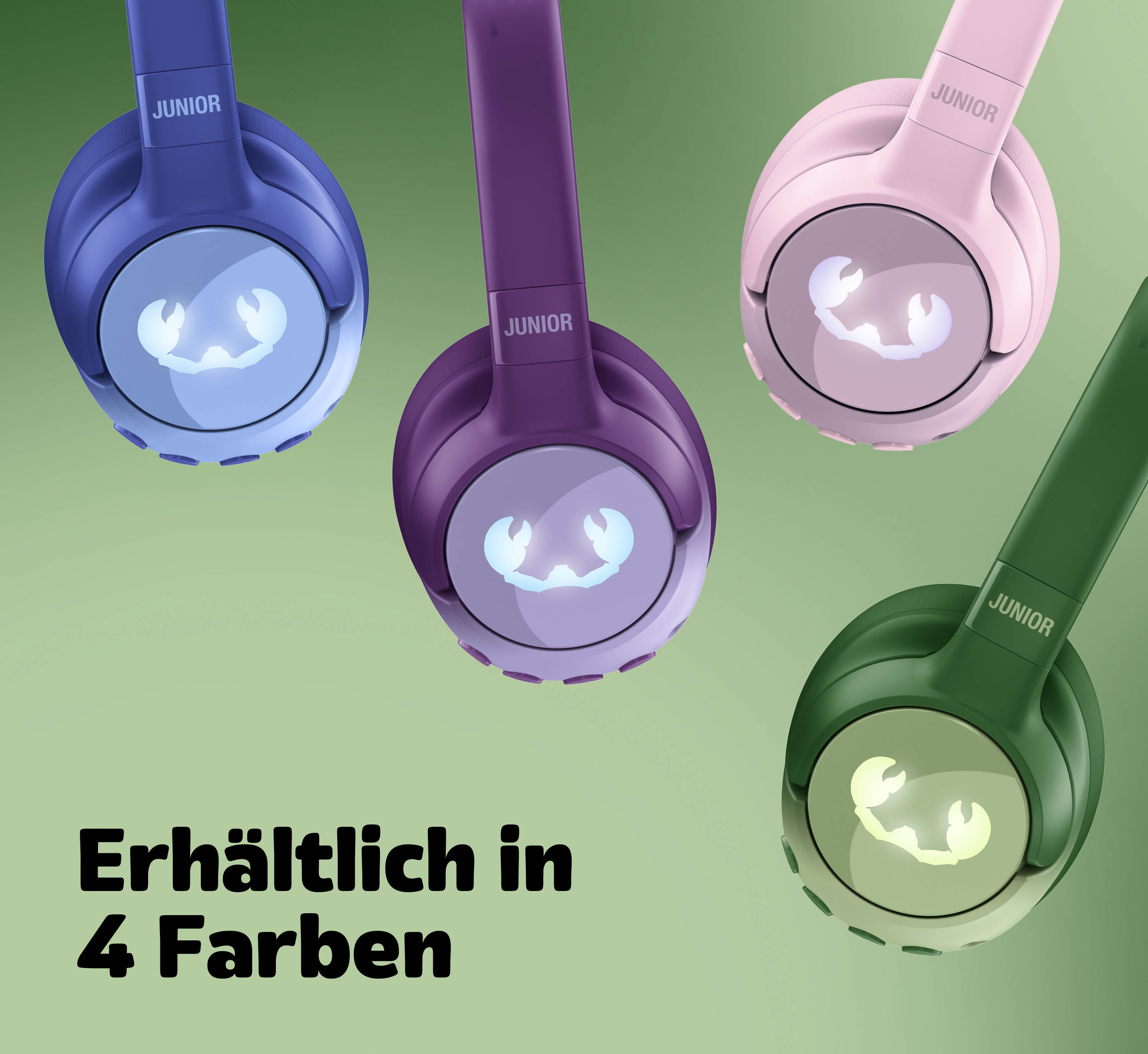 Vier Kopfhörer in Blau, Lila, Rosa und Grün mit leuchtenden Krabbenmotiven.