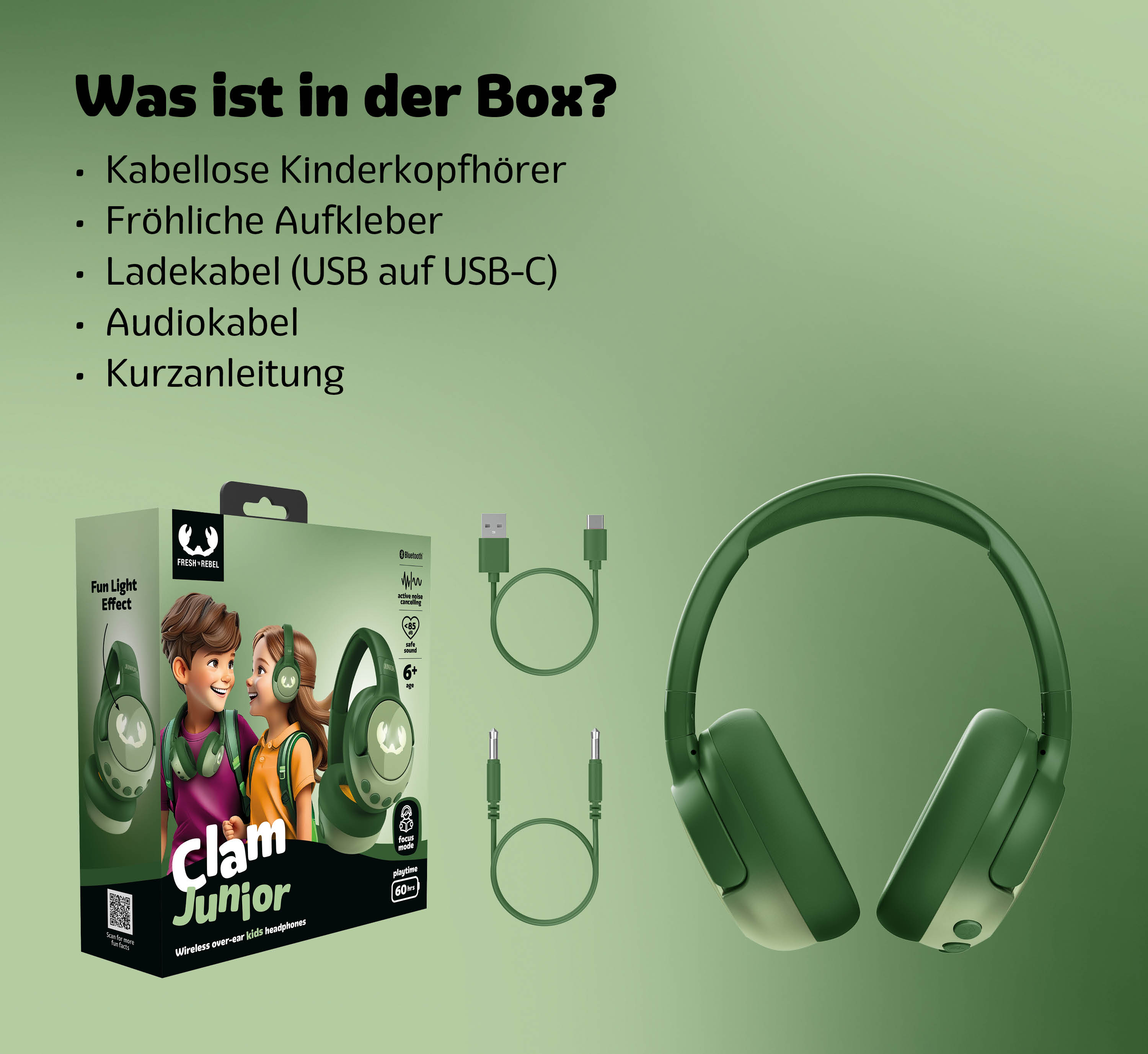 Verpackungsinhalt: Kopfhörer, Aufkleber, Ladekabel, Audiokabel, Anleitung.