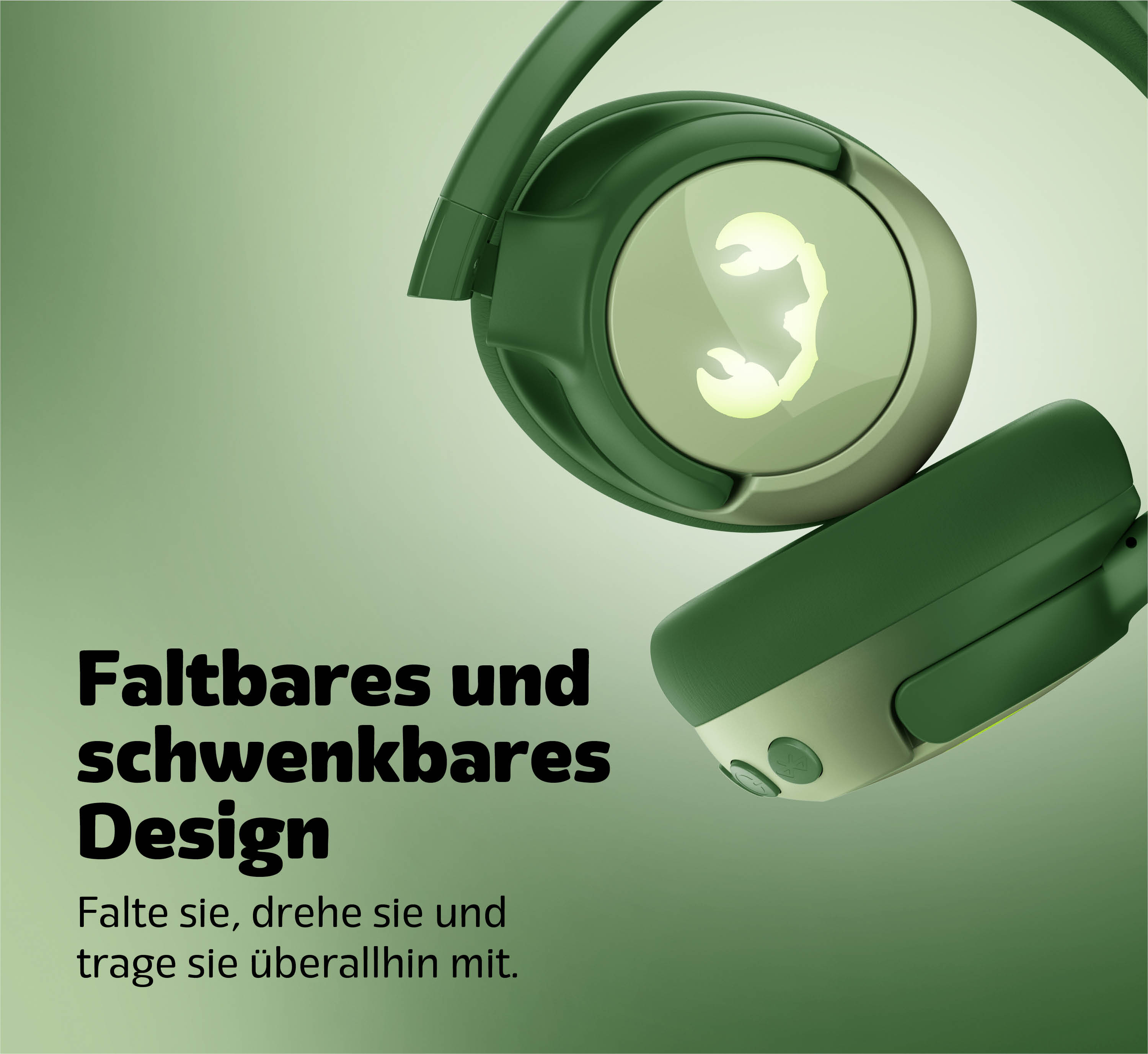 Grüne, faltbare Kopfhörer mit Logo auf dem Ohrpolster. Text: Faltbares und schwenkbares Design.