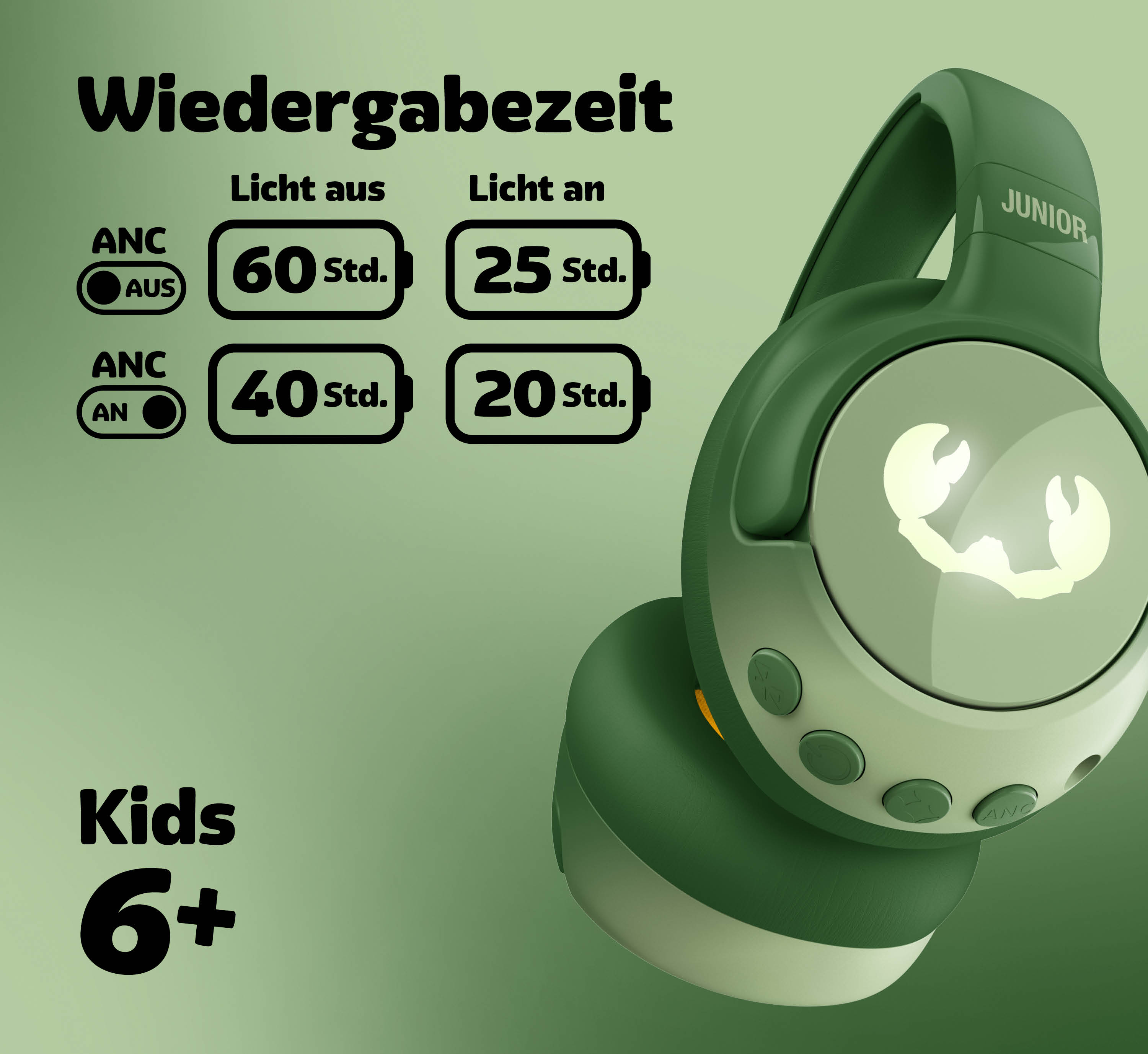 Grüne Kopfhörer für Kinder ab 6 Jahren mit Wiedergabezeit-Angaben.