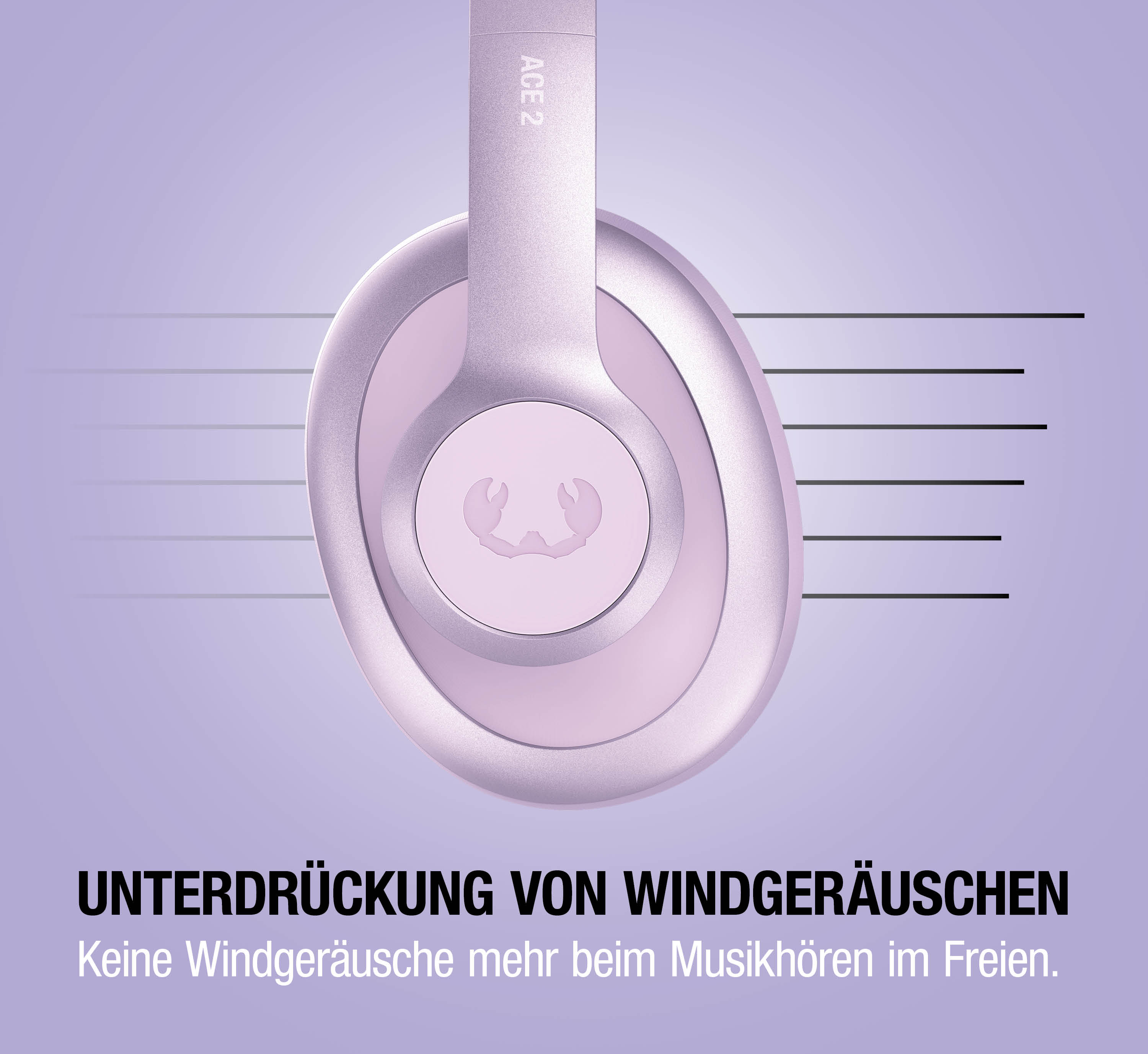 Lila Kopfhörer mit ACE 2 Logo und Musiknoten-Symbolik.