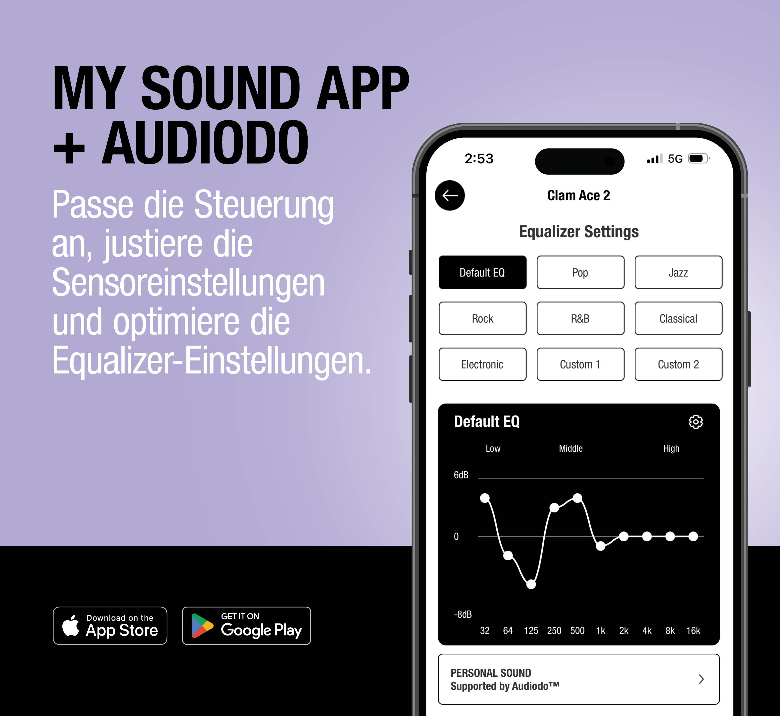 Smartphone-Bildschirm mit EQ-Einstellungen, App-Logo und Download-Buttons.