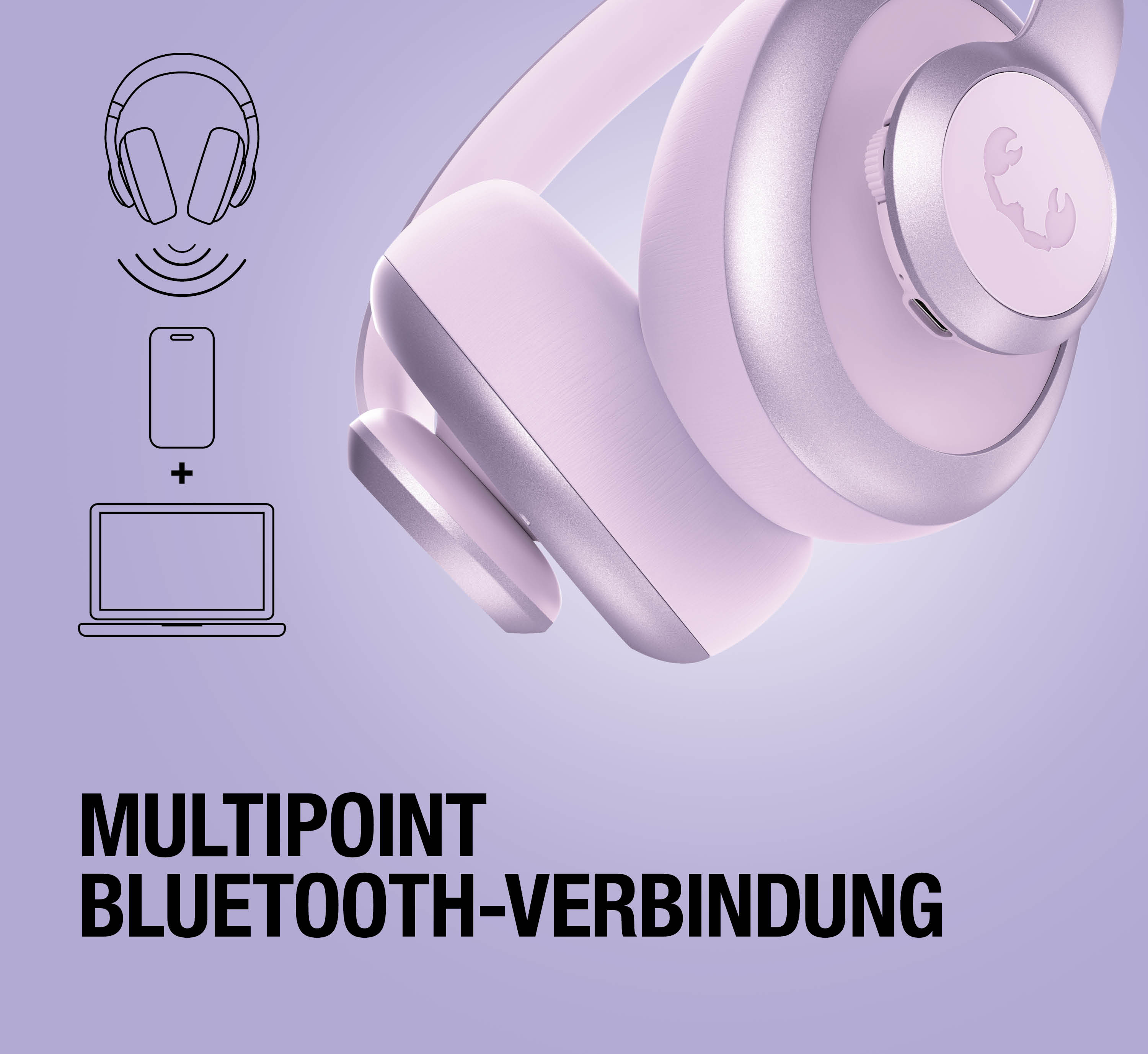 Lila Kopfhörer mit Multipoint-Bluetooth-Verbindung, Symbolen für Handy und Laptop.