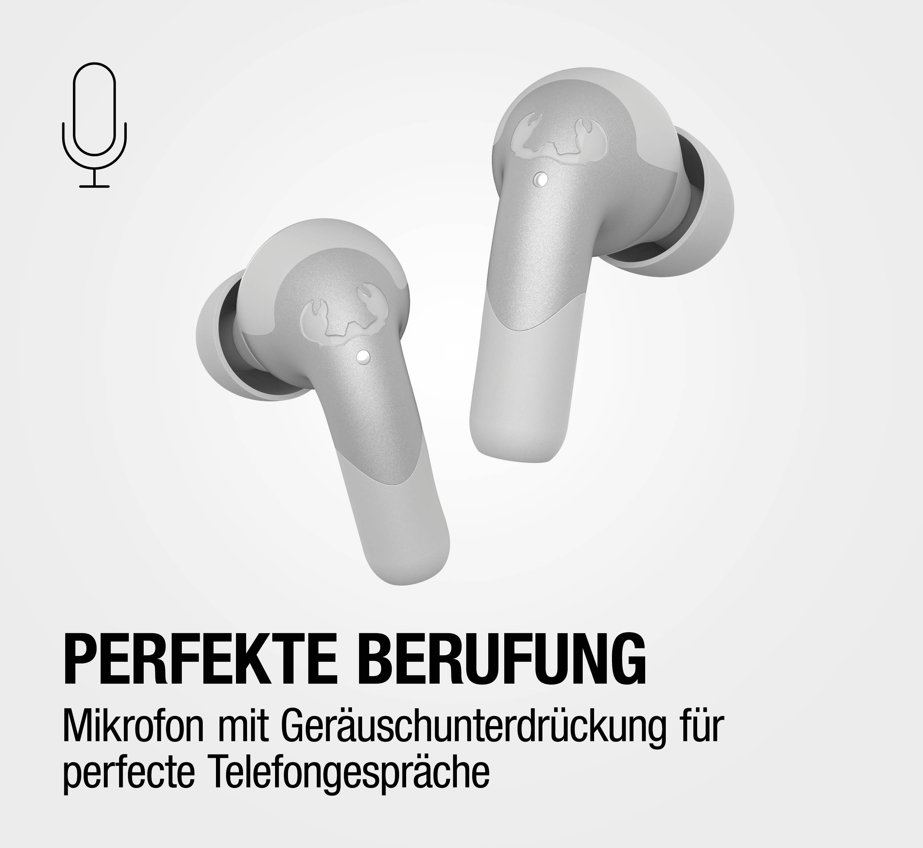 Ein Mikrofon-Symbol über zwei silbernen kabellosen Ohrhörern.