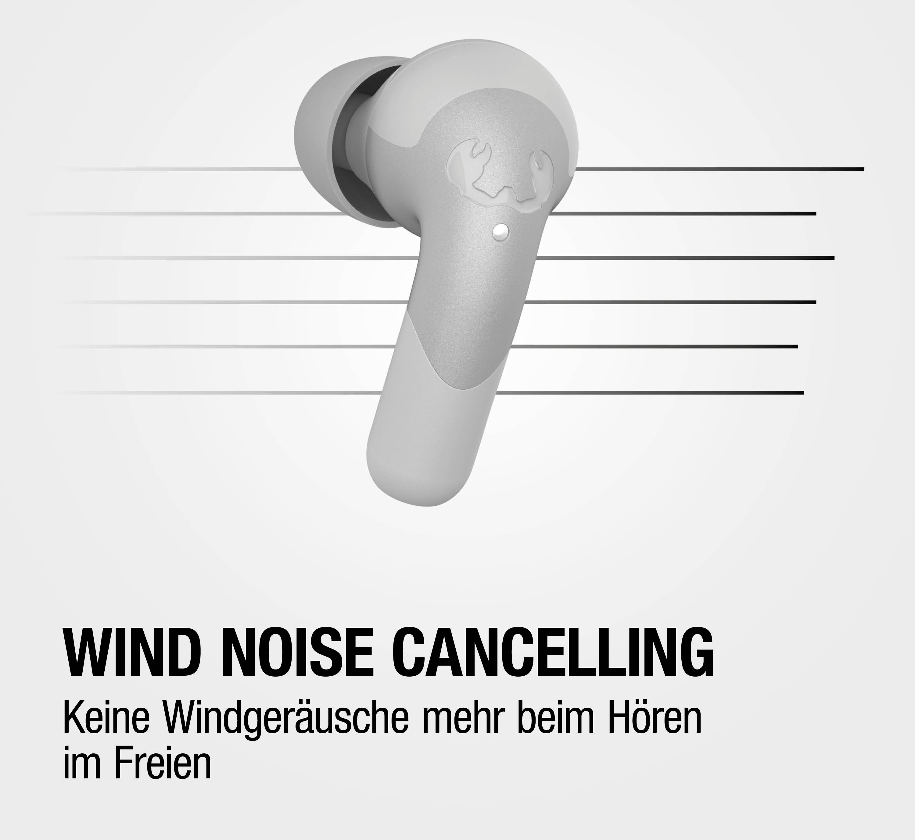 Grauer Kopfhörer mit Windgeräuschunterdrückung im Freien.