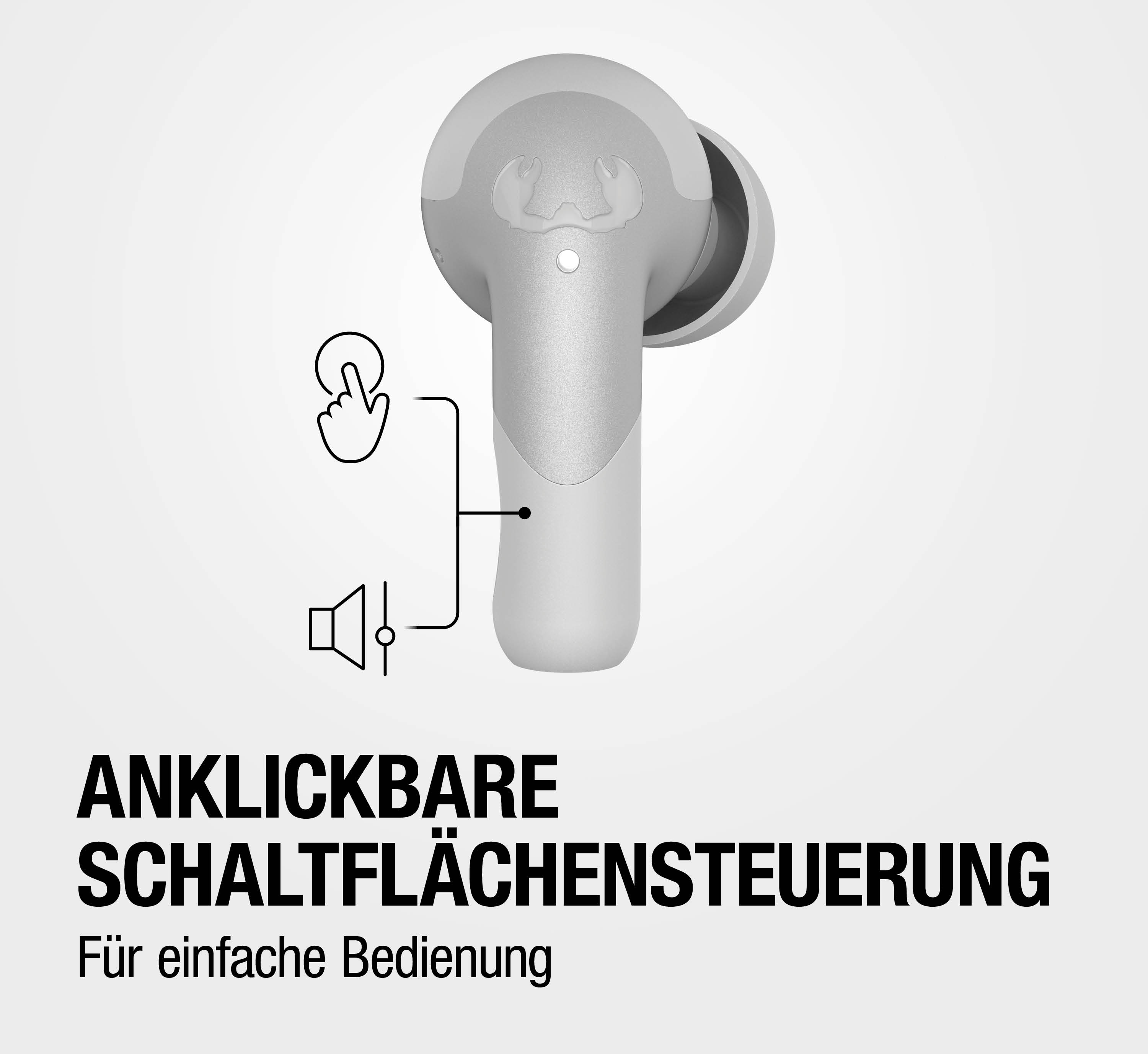 Ein grauer Ohrhörer mit Symbolen für Berührung und Lautstärke.